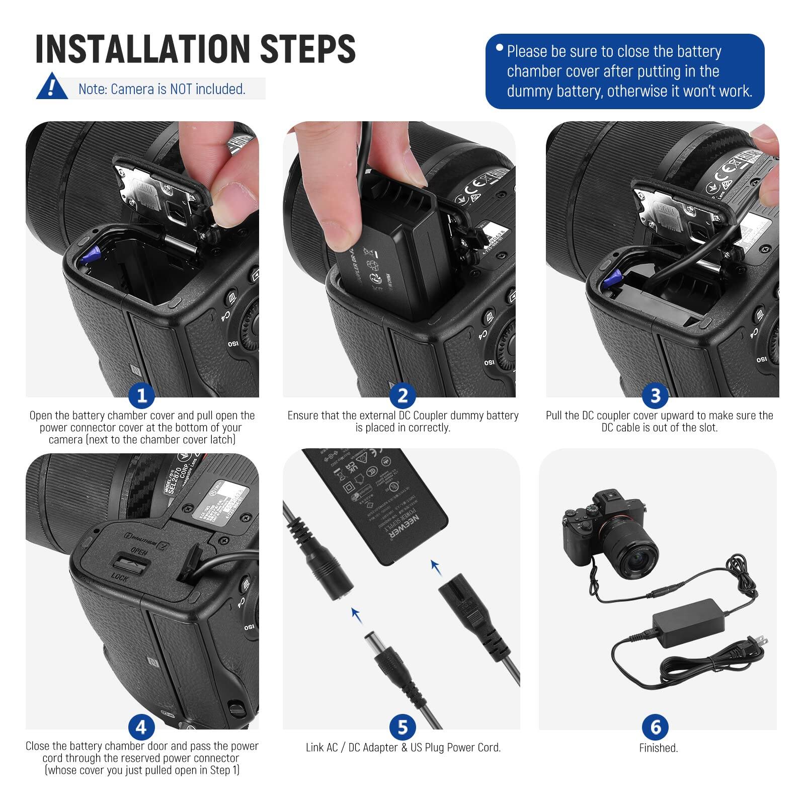 **INSTALLATION STEPS**

**Note:** Camera is NOT included.

1. Open the battery chamber cover and pull open the power connector cover at the bottom of your camera (next to the chamber cover latch).

2. Ensure that the external DC Coupler dummy battery is placed in correctly.

3. Pull the DC coupler cover upward to make sure the DC cable is out of the slot.

4. Close the battery chamber door and pass the power cord through the reserved power connector (whose cover you just pulled open in Step 1).

5. Link AC / DC Adapter & US Plug Power Cord.

6. Finished

*Please be sure to close the battery chamber cover after putting in the dummy battery, otherwise it won't work.*