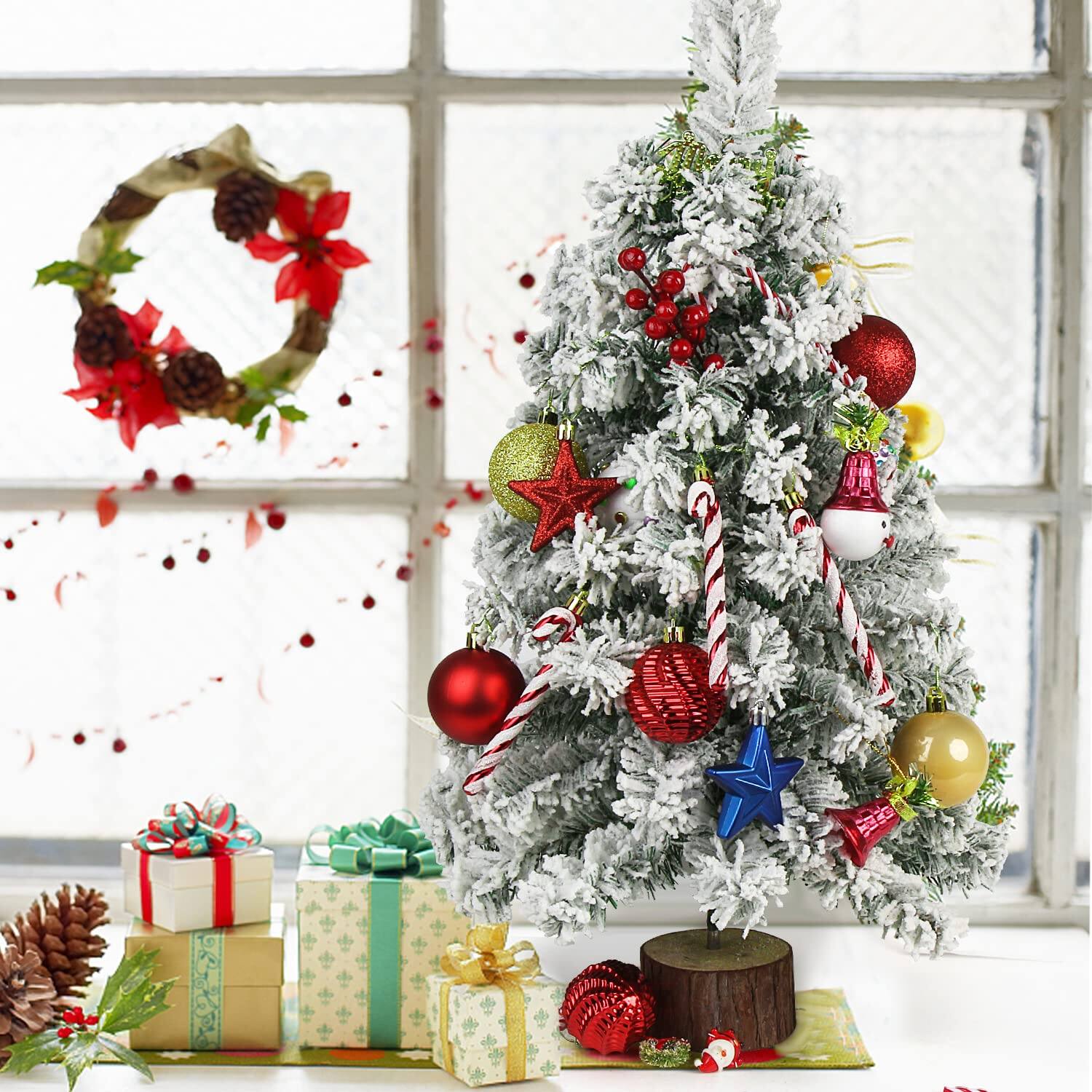 Alt View 4. Earthley Blooms - Table Top Artificial Christmas Tree Small Mini Xmas With Flocking Snow Frost And Wooden Stand For Porch - Green Flocking Frost.