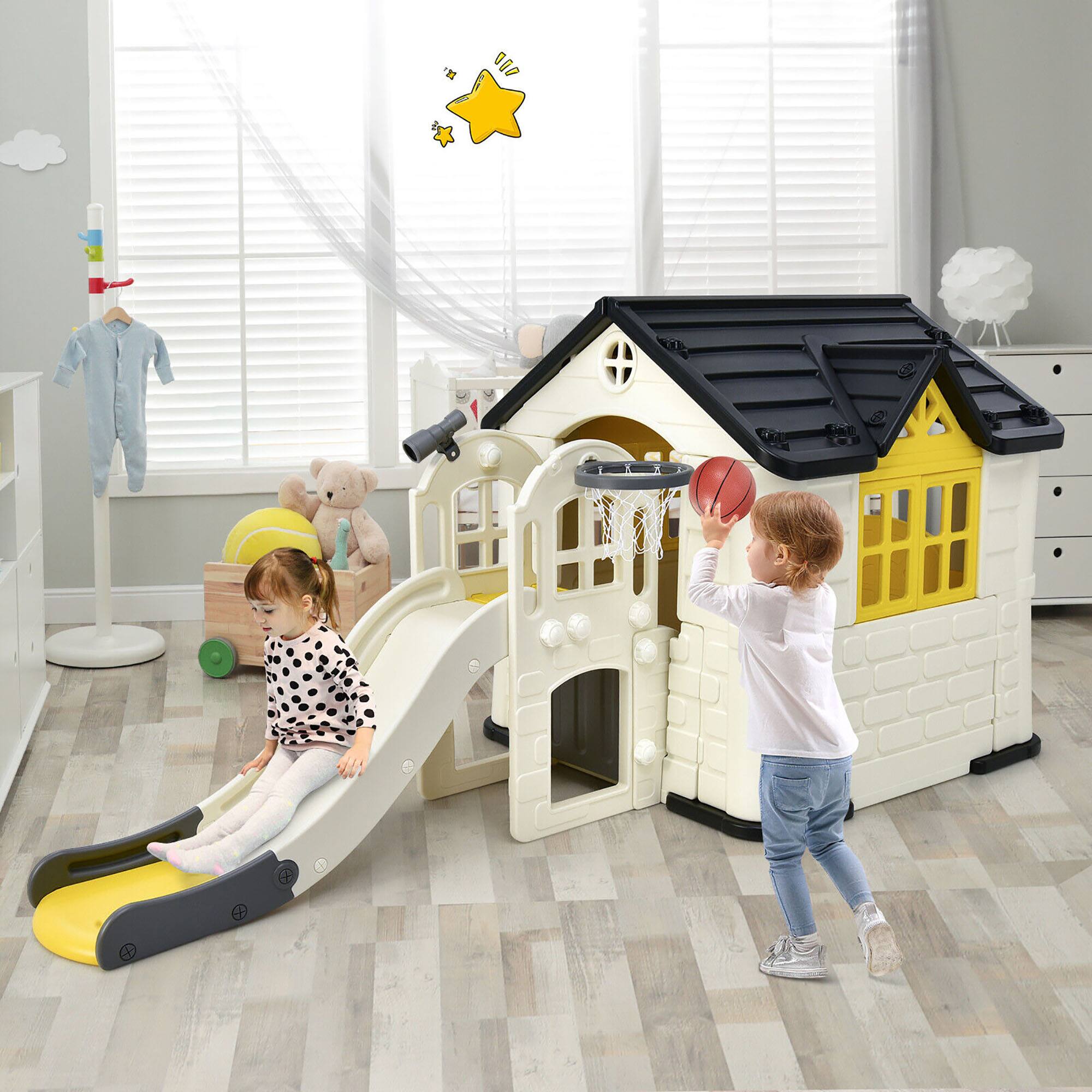 Alt View 2. Gymax - Gymax Outdoor Play house and Slide Set for Kids w/ 7 PCS Toy Set & Waterproof Cover Yellow - Yellow.