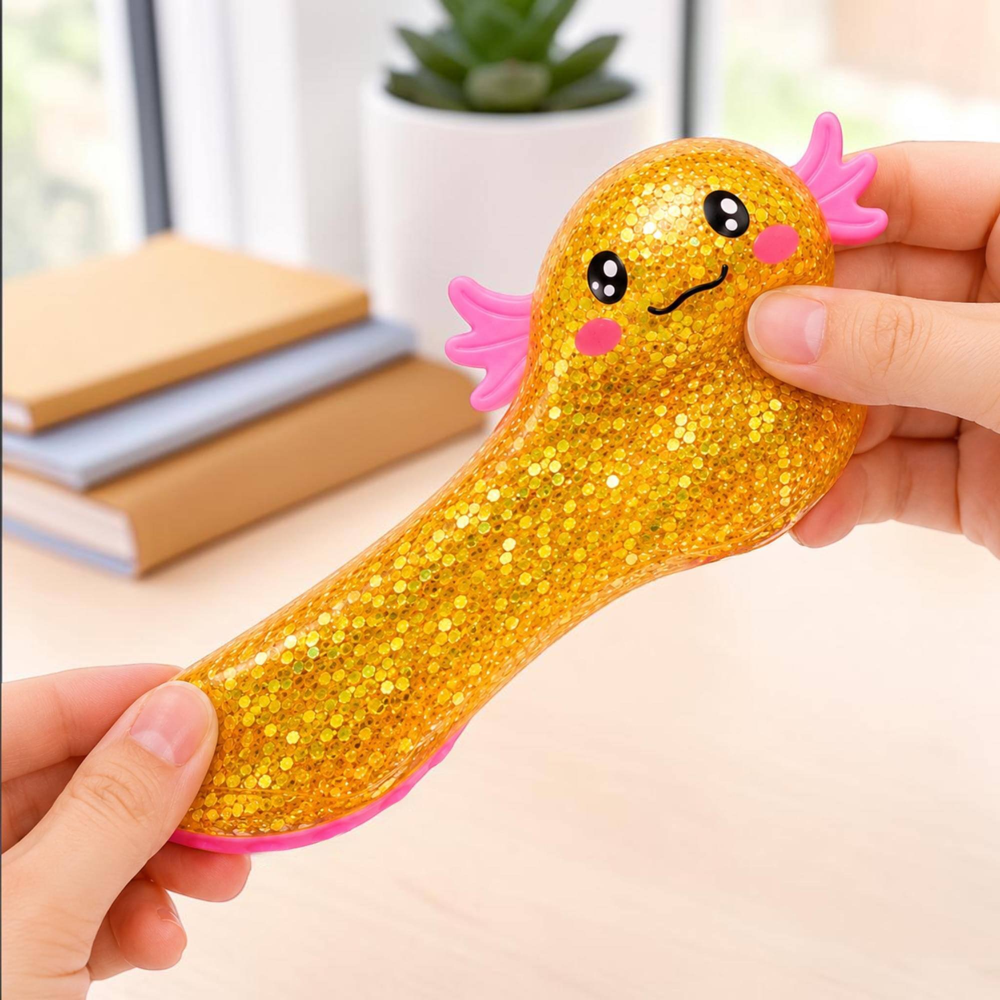 Alt View 2. Puka Creations - Glitter Axolotl 4-Inch Squishy Stress Reliever | Orange - Orange.