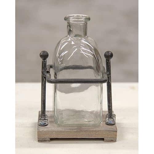 BreeBe - Wood and Iron Bottle Holder With 1 Bottle - Grey, Clear