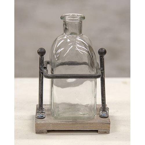 Front. BreeBe - Wood and Iron Bottle Holder With 1 Bottle - Grey, Clear.