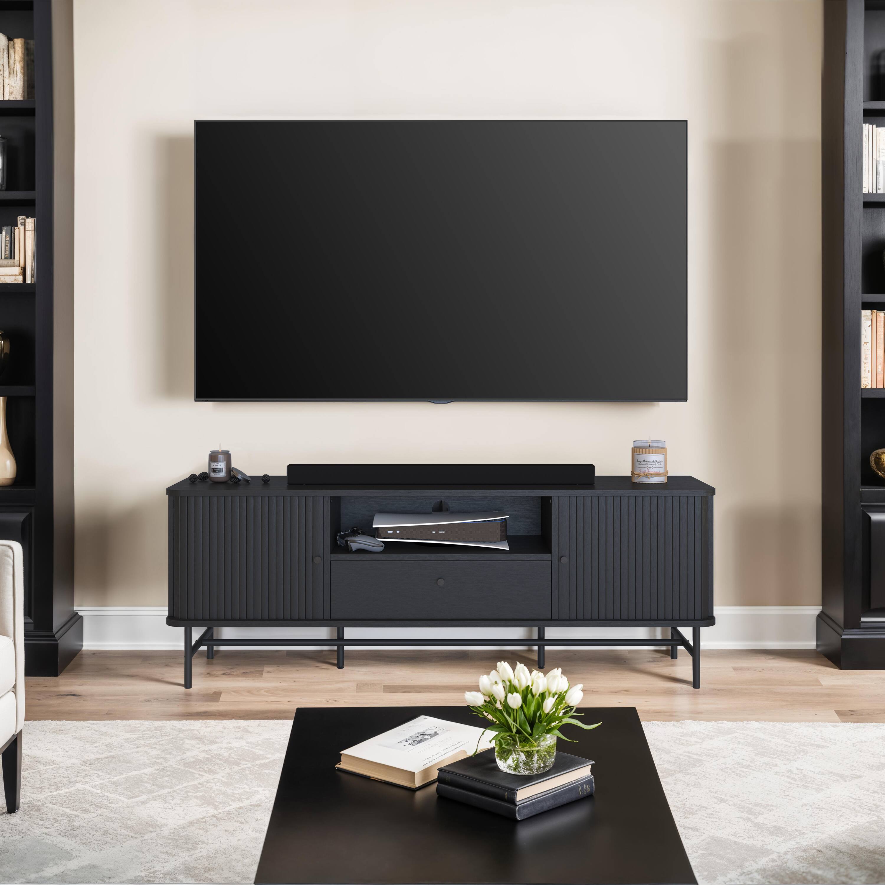 Left. CorLiving - TV Stand / Media Console with Curved Fluted Doors for TVs up to 65" - Black.