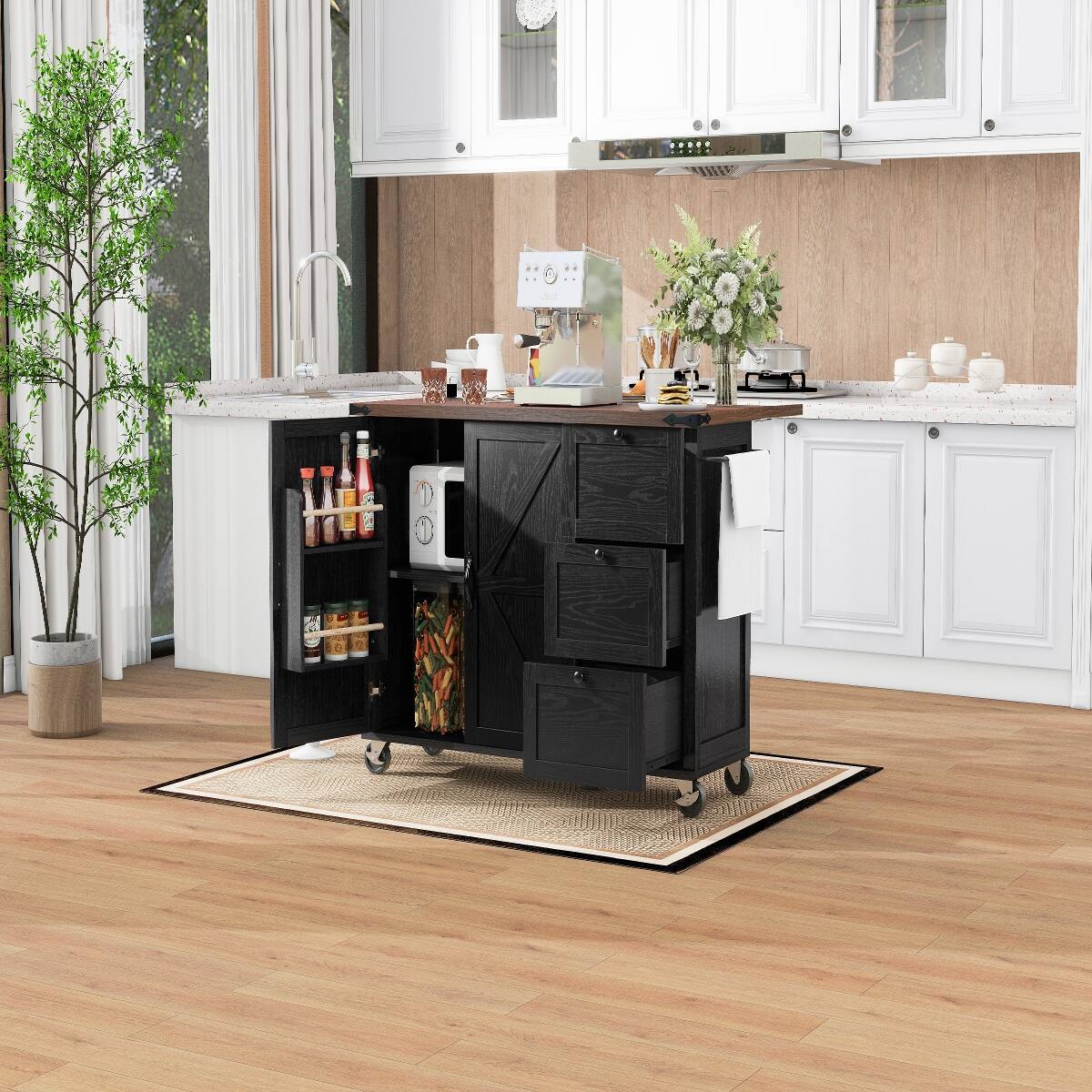 Alt View 3. Loheer - Loheer 54.5" Farmhouse Kitchen Island with Power Outlet, Drop Leaf, Rolling Kitchen Cart on Wheels, Black - Black.