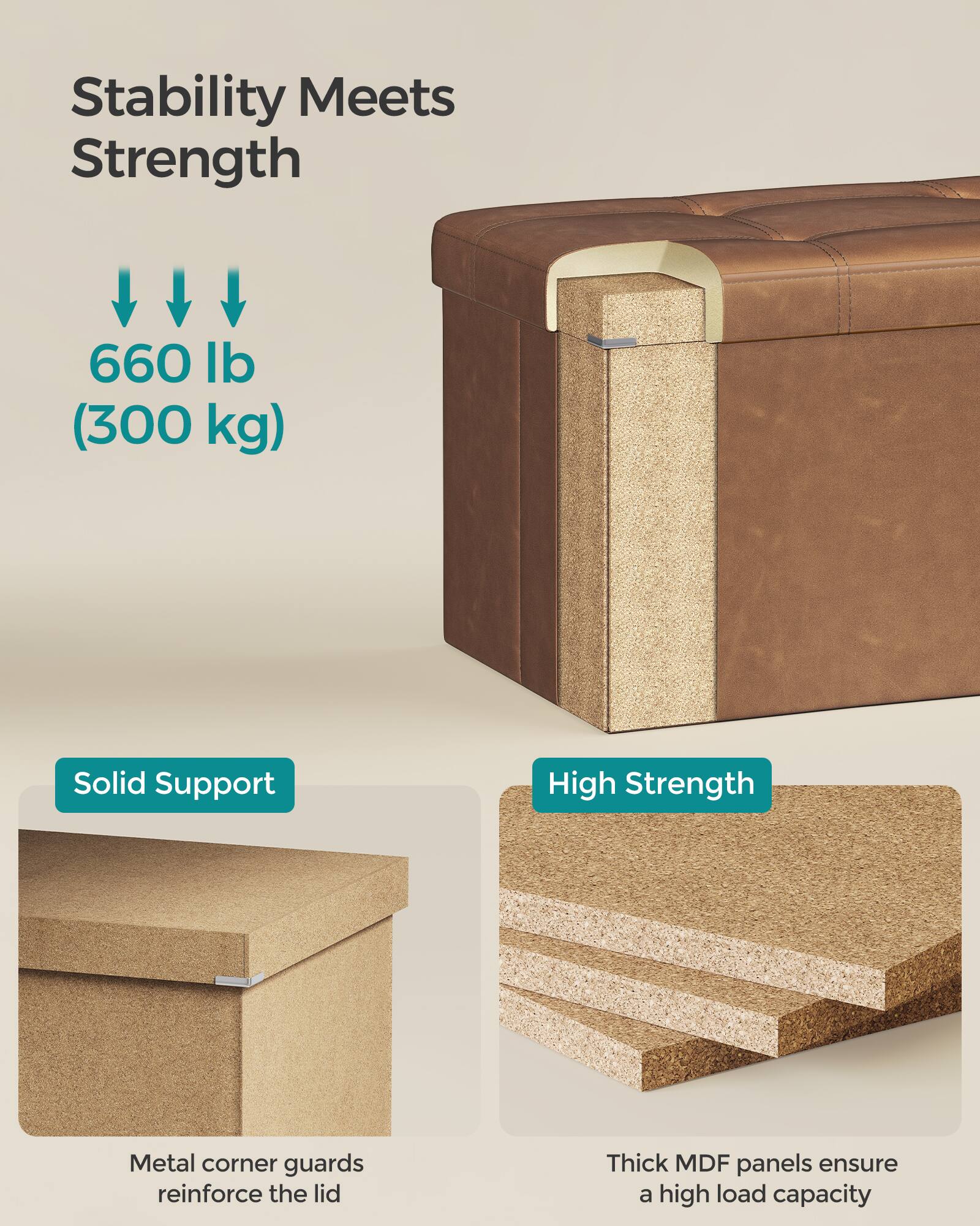 Stability Meets Strength

660 lb (300 kg)

Solid Support

High Strength

Metal corner guards reinforce the lid

Thick MDF panels ensure a high load capacity