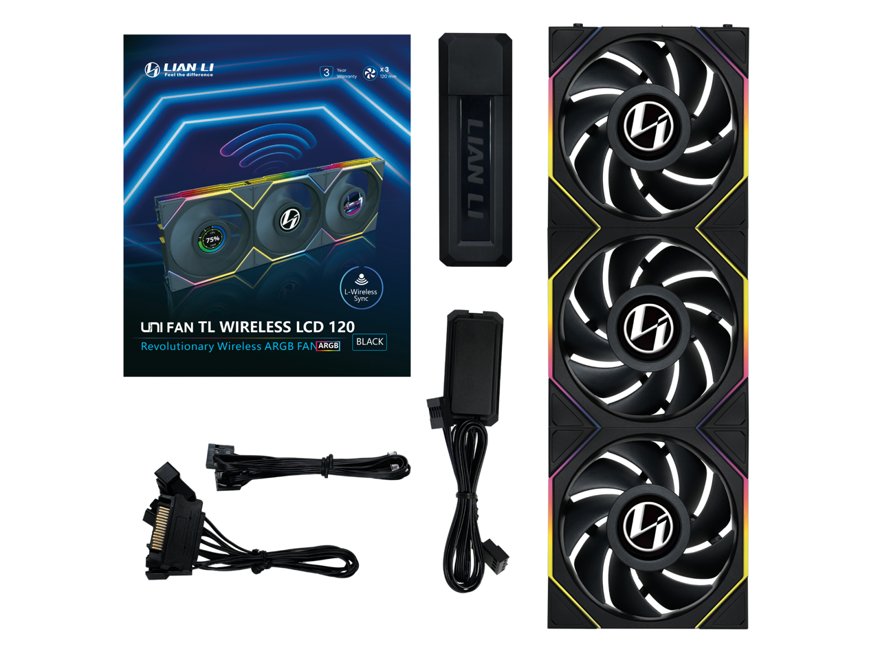 LIAN LI F1 - 75% G - 3 x 120mm  
LIAN LI D L-Wireless Sync  
FAN TL WIRELESS LCD 120 BLACK  
Revolutionary Wireless ARGB FAN  
3 Year Warranty  
120mm  
L-Wireless Sync  
FAN ARGB  
BLACK