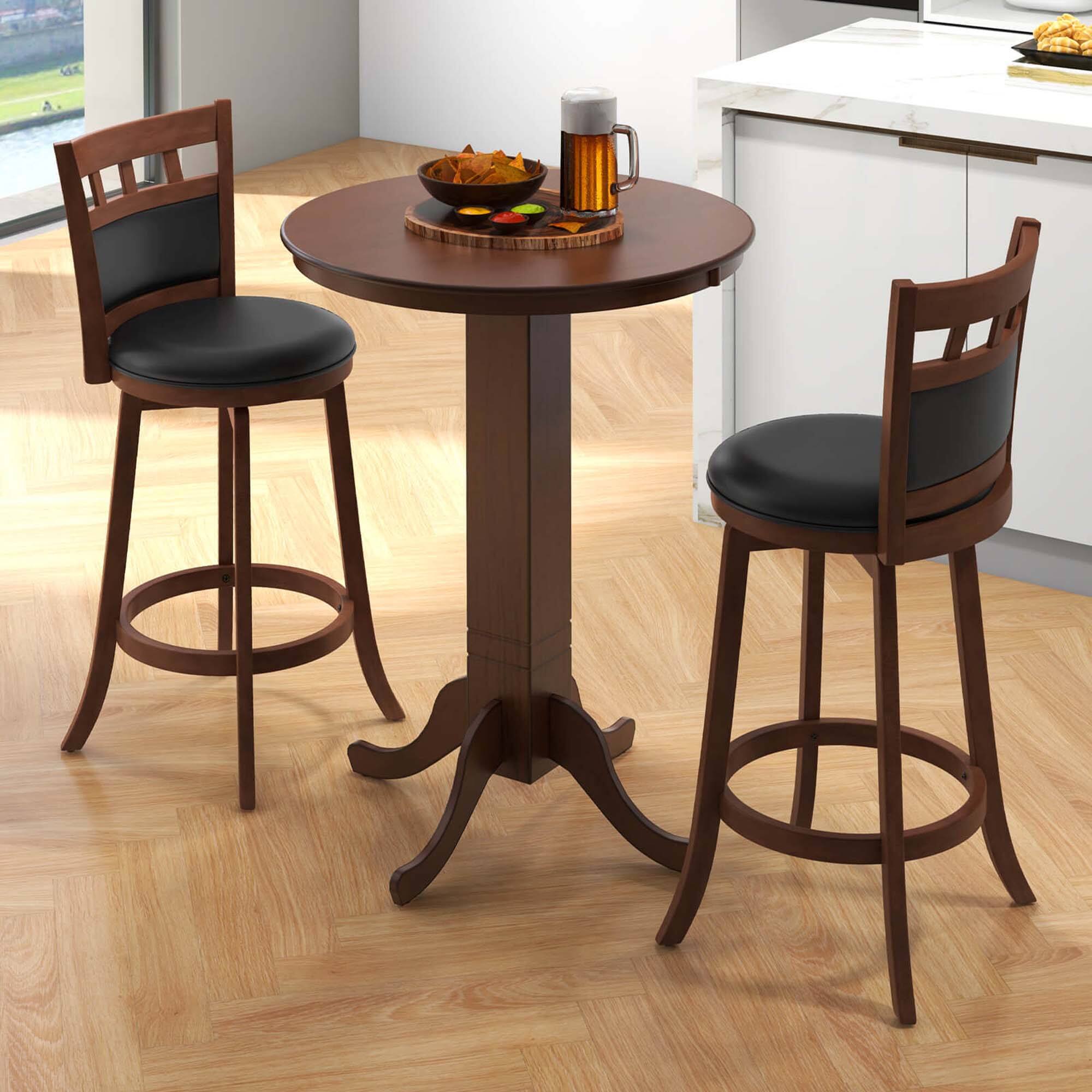 Alt View 4. Costway - Costway 3 PCS Wood Bar Dining Set Table with Pedestal Base & 2 Upholstered Swivel Stools - Brown.