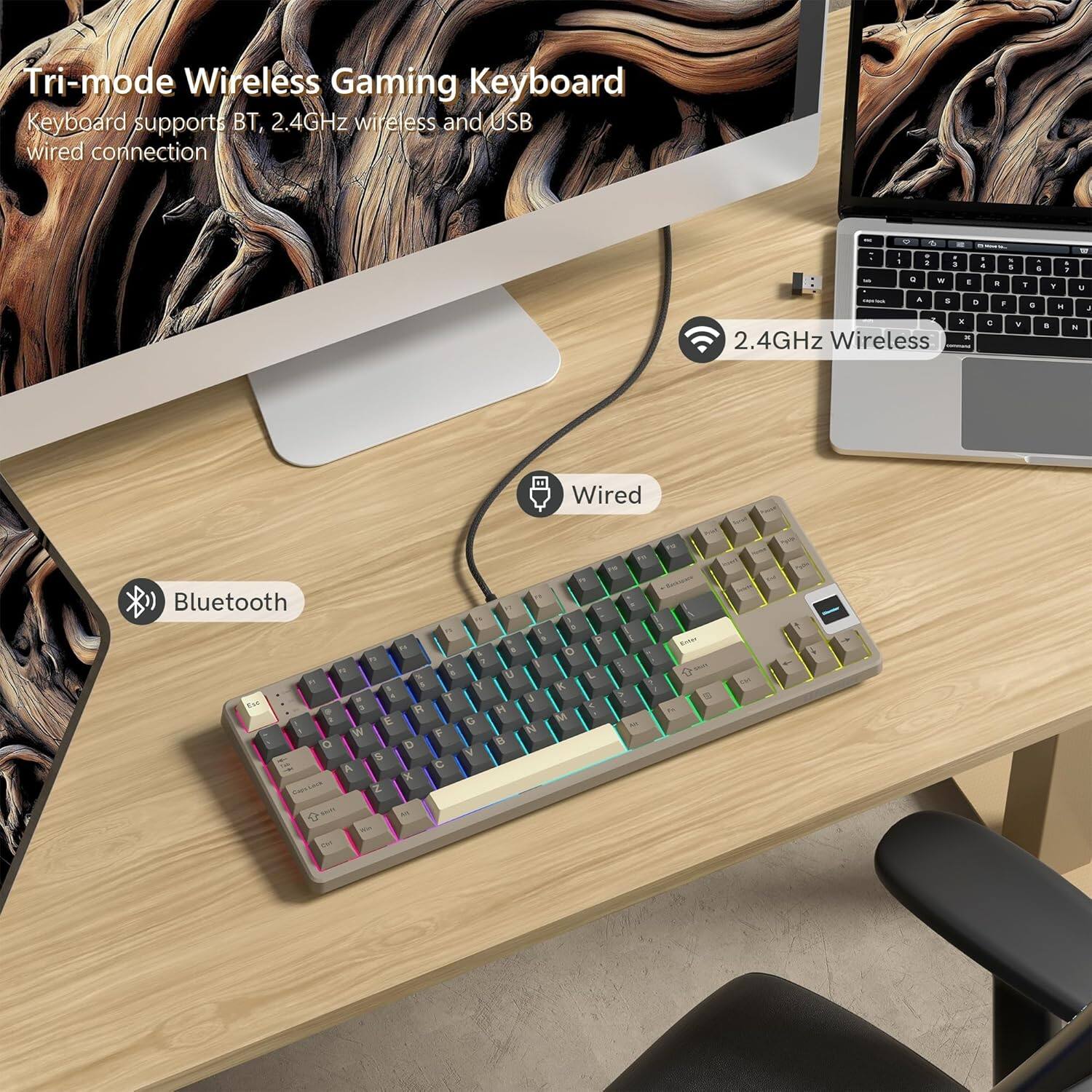 Tri-mode Wireless Gaming Keyboard  
Keyboard supports BT, 2.4GHz wireless and USB wired connection  

- 2.4GHz Wireless  
- Wired  
- Bluetooth