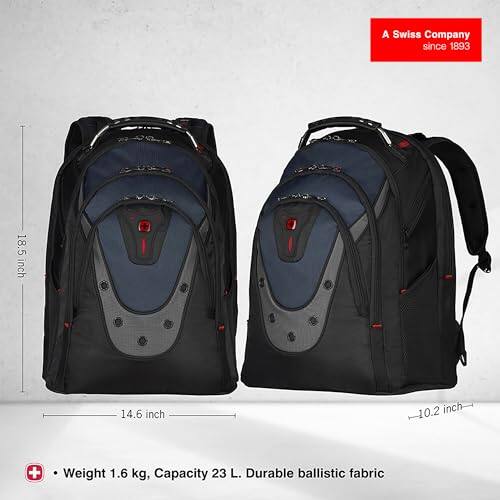 A Swiss Company since 1893

18.5 inch  
14.6 inch  
10.2 inch  

Weight 1.6 kg, Capacity 23 L. Durable ballistic fabric