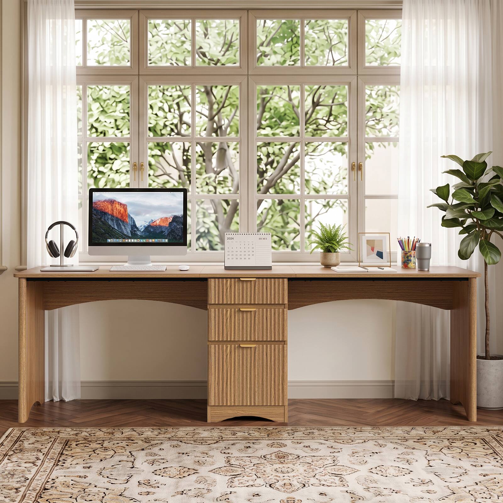 Left. Bestier - Executive Office Desk with Fluted 3 Drawers File Cabinet Letter Legal A4 Rounded Edges Workstation - Brown Oak.