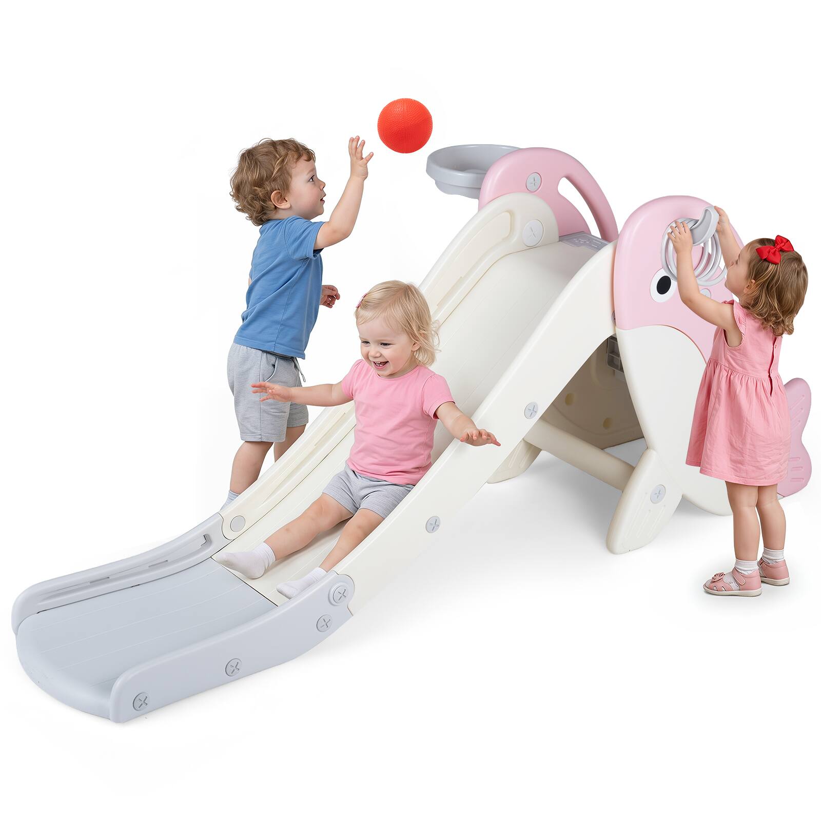 Alt View 9. Costway - Costway Foldable Toddler Slide with Basketball Hoop, Ring Toss, Ball, Inflator & Rings - Pink.