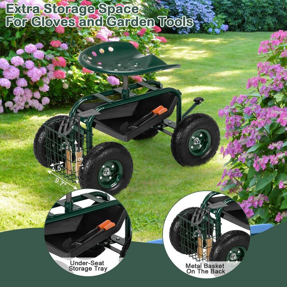 Extra Storage Space For Gloves and Garden Tools

- Under-Seat Storage Tray
- Metal Basket On The Back

Dimensions:
- 8.5"
- 9.7"