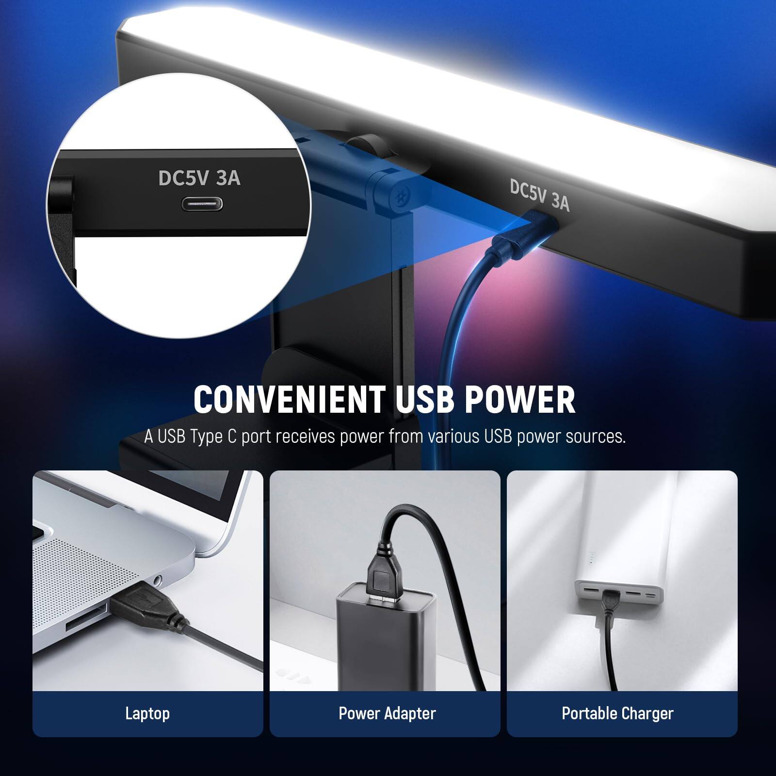 DC5V 3A

CONVENIENT USB POWER

A USB Type C port receives power from various USB power sources.

Laptop  
Power Adapter  
Portable Charger