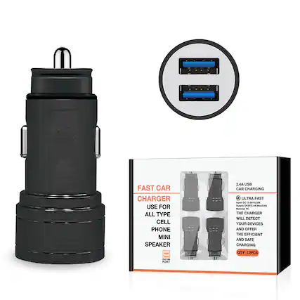 Aios 21A Android Fast Car Charger for All Type Cell Phone Mini Speaker 2.4A USB Car Charging Ultra Fast - np DE 12-04VO.35A Output OCSWCAA Man2BA Manarial FC The Charger Will Detect Your Devices and Offer the Efficient and Safe Charging QTY: 12PCS -- Port
FAST CAR CHARGER
USE FOR ALL TYPE CELL PHONE MINI SPEAKER
2.4A USB CAR CHARGING
- ULTRA FAST
- THE CHARGER WILL DETECT YOUR DEVICES AND OFFER THE EFFICIENT AND SAFE CHARGING
- QTY: 12PCS