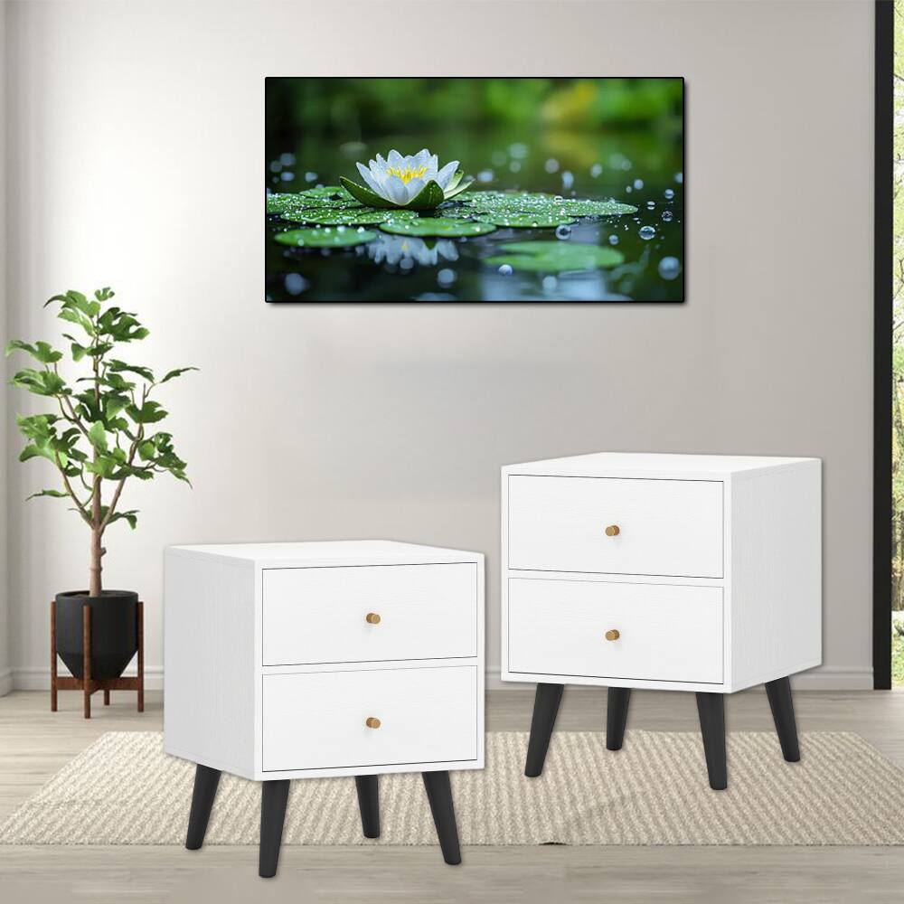 Front. Hivvago - Set of Two Vintage Style Nightstands with Gold Accents and Elevated Base - White, Black.