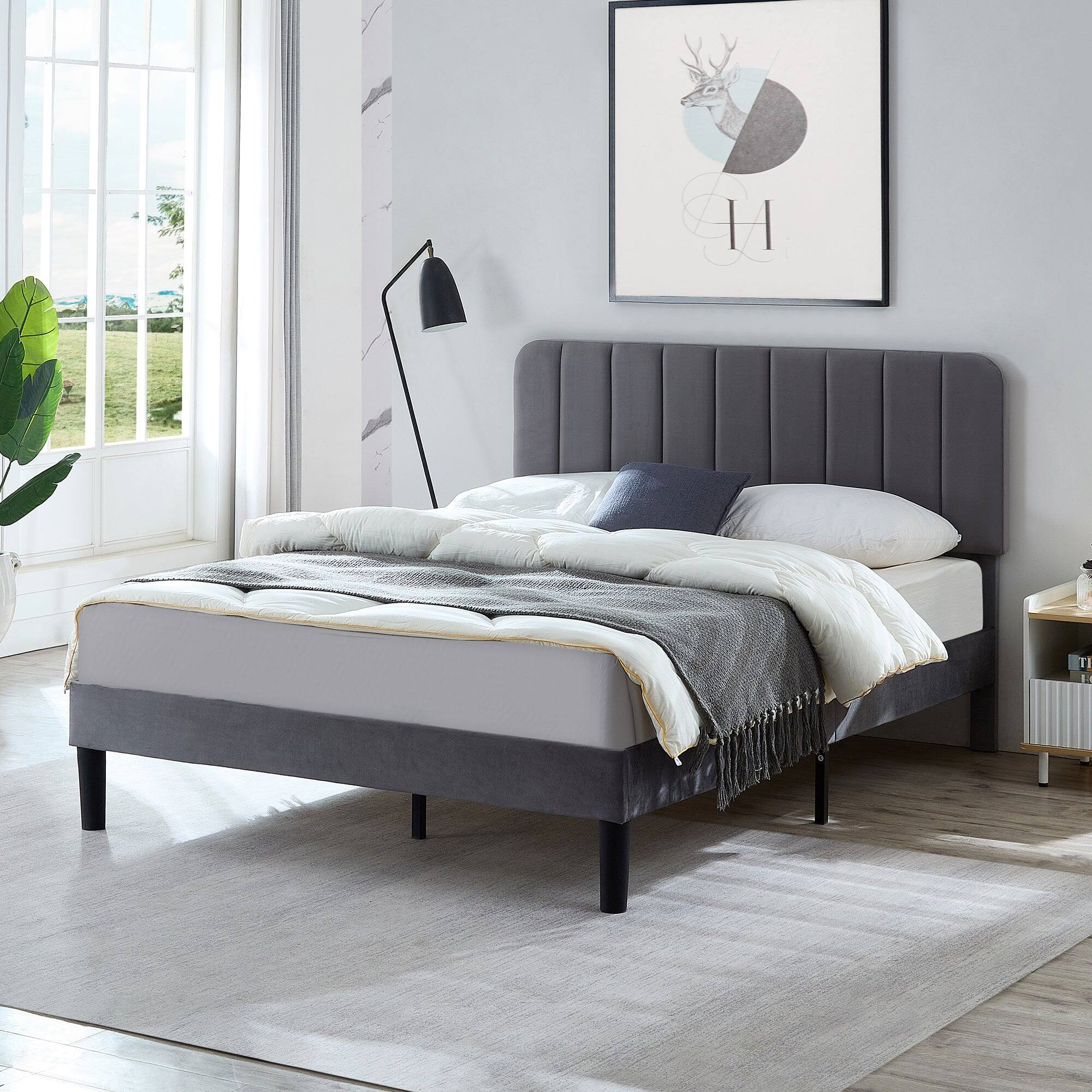 Alt View 3. Vecelo - Queen Bed Frame w/ Padded Headboard & Platform, Reinforced Wood Slats - No Box Spring, Velvet Dark Blue - Easy Assembly - Dark Gray.