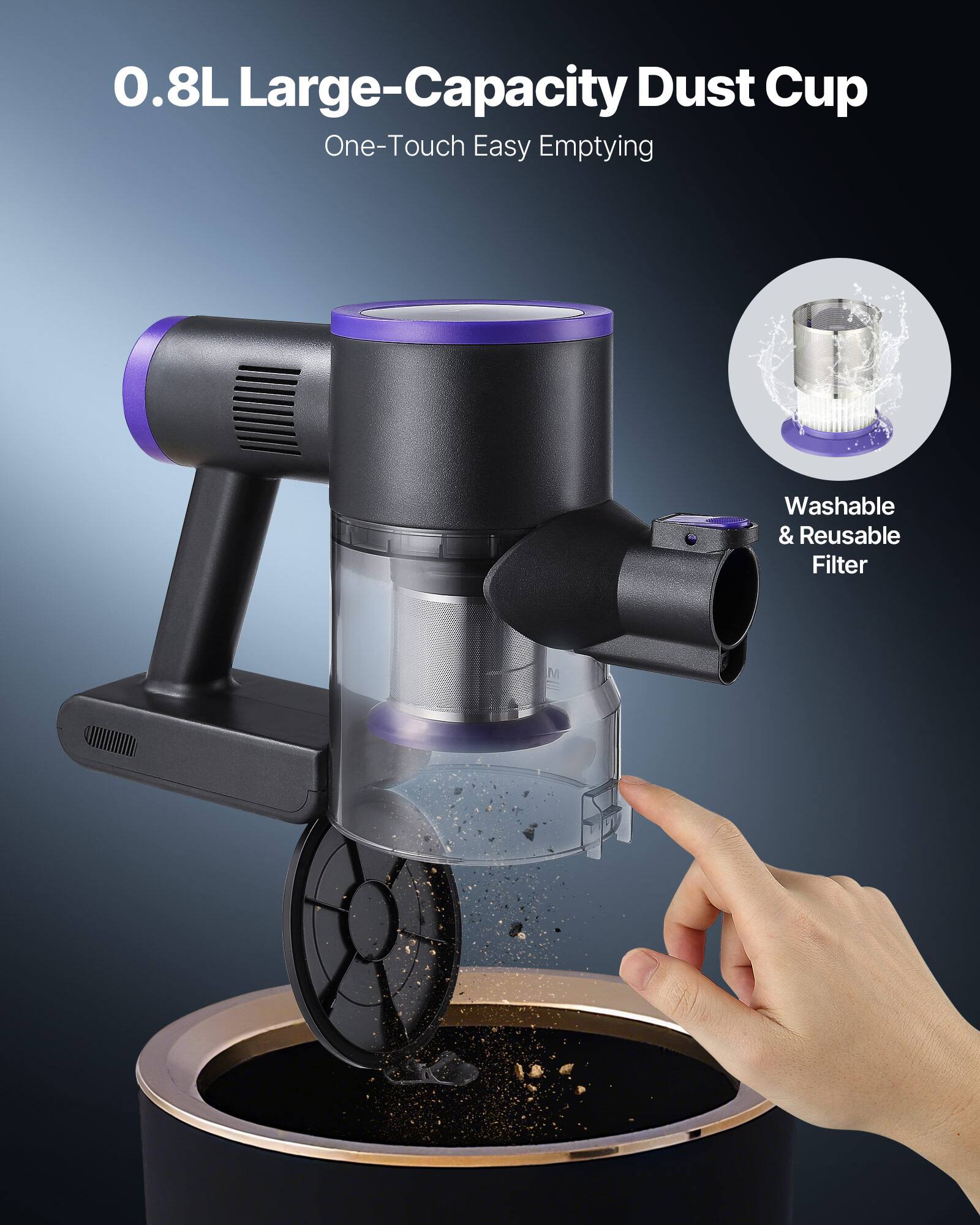 0.8L Large-Capacity Dust Cup  
One-Touch Easy Emptying  
Washable & Reusable Filter