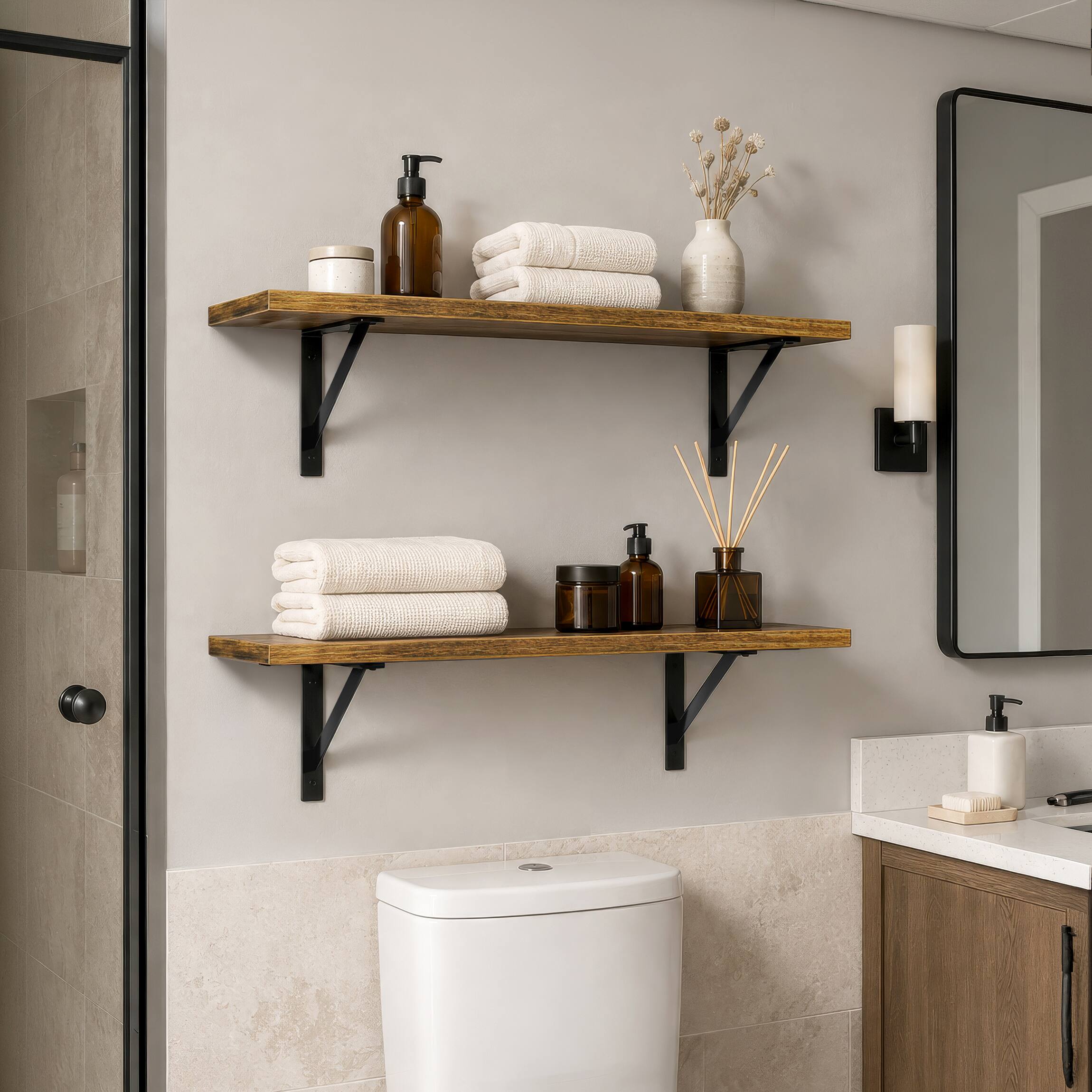 Alt View 1. Sorbus - Wall Shelves 31.5" with Black Metal Brackets, Set of 2, Brown - Brown.