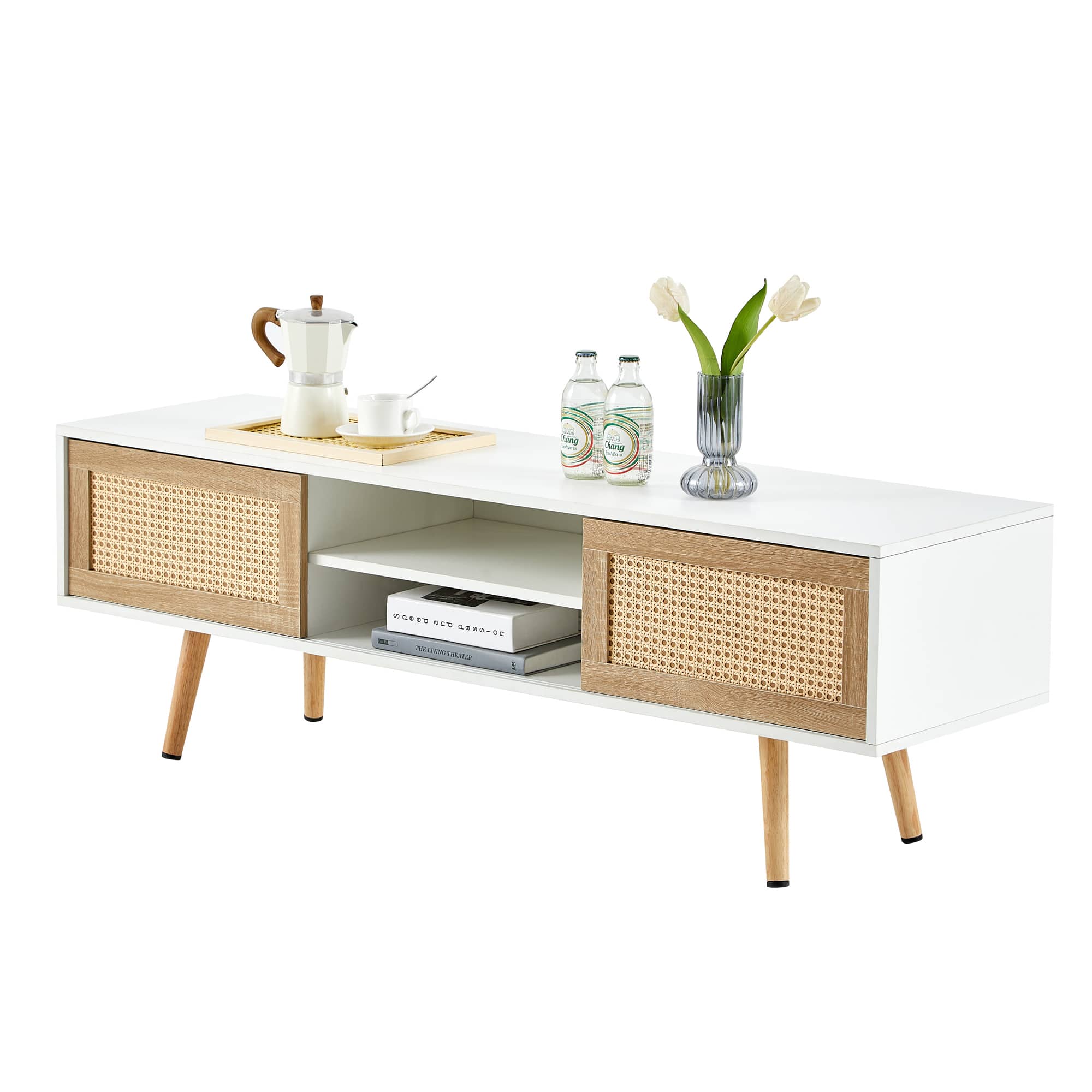 Spaco - 55" Rattan TV Cabinet with 2 Sliding Doors, Adjustable Shelf and Solid Wood Legs, for Living Room - White