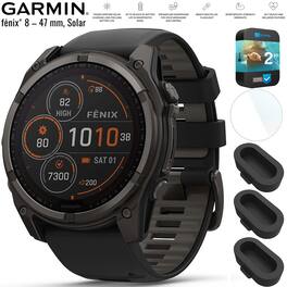Garmin - Fenix 8 47 mm Solar Gray with Black Gray Band + 2 Year Warranty Bundle - Carbon Gray DLC Titanium - (2024)