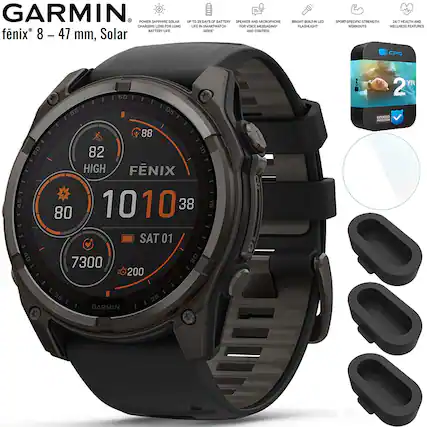 GARMIN
fénix 8 - 47 mm, Solar
- POWER SAPPHIRE SOLAR CHARGING
- UP TO 28 DAYS BATTERY LIFE
- SPEAKER AND MICROPHONE FOR VOICE COMMAND AND CONTROL
- BRIGHT BUILT-IN LED FLASHLIGHT
- SPORTSPECIFIC STRENGTH WORKOUTS
- 24/7 HEALTH AND WELLNESS FEATURES
- 2 YEAR EXTENDED WARRANTY
- 82 HIGH
- 88
- 80
- 1010
- 38
- SAT 01
- 7300
- 200
- CPS
- 2 YR
- EXTENDED WARRANTY