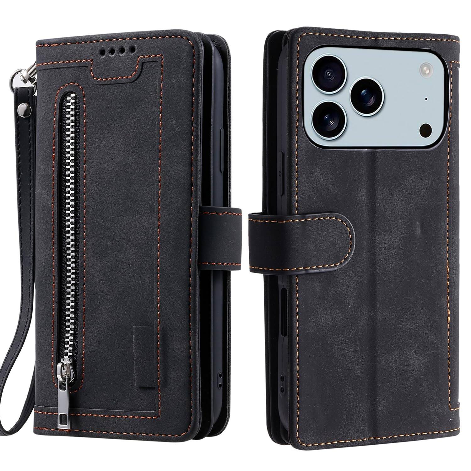 Angle. UUCOVER - Magnetic Flip Wallet Case for Apple iPhone 17 Pro Max with Card Cash Slots, Zipper Pocket and Wrist Strap, Stand Cover - Black.