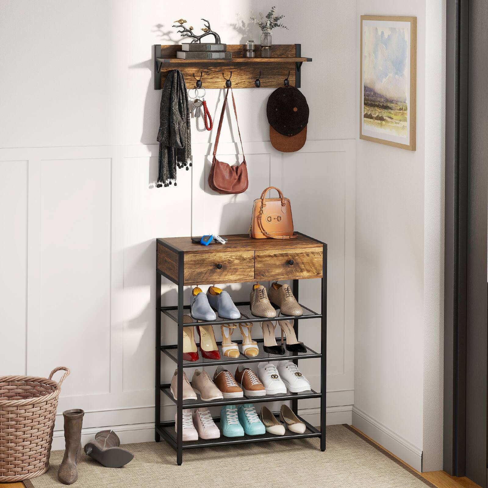 Alt View 1. Gymax - Gymax 5-Tier Shoe Rack w/ Wall-Mounted Coat Rack Hooks Drawers & Shelves for Bedroom - Brown, Black.