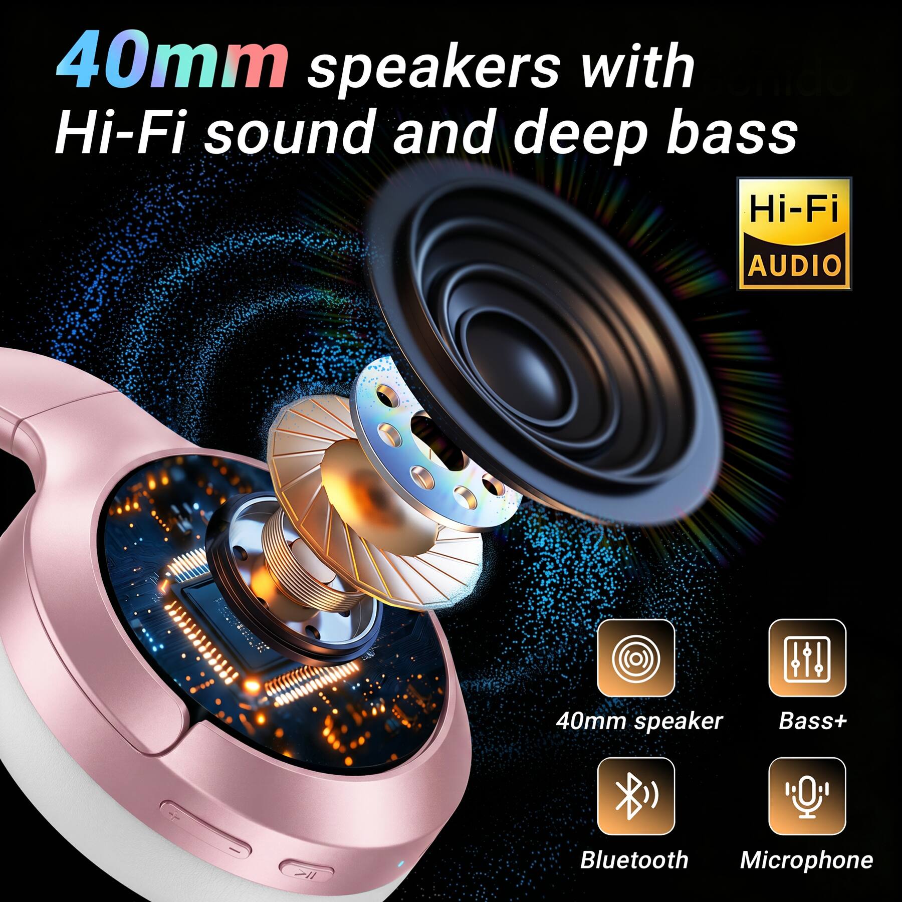 40mm speakers with Hi-Fi sound and deep bass

Hi-Fi AUDIO

40mm speaker
Bass+
Bluetooth
Microphone