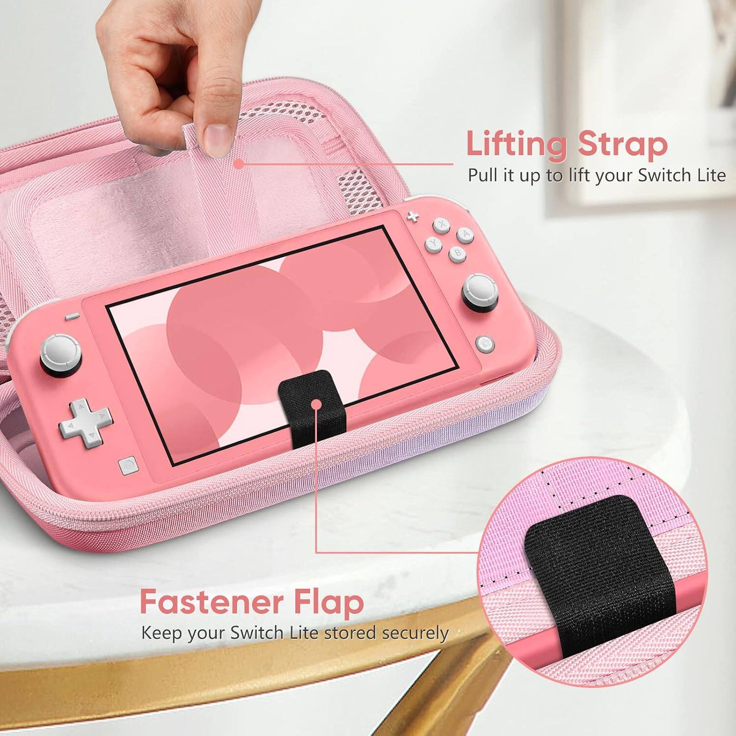 Lifting Strap  
Pull it up to lift your Switch Lite

Fastener Flap  
Keep your Switch Lite stored securely