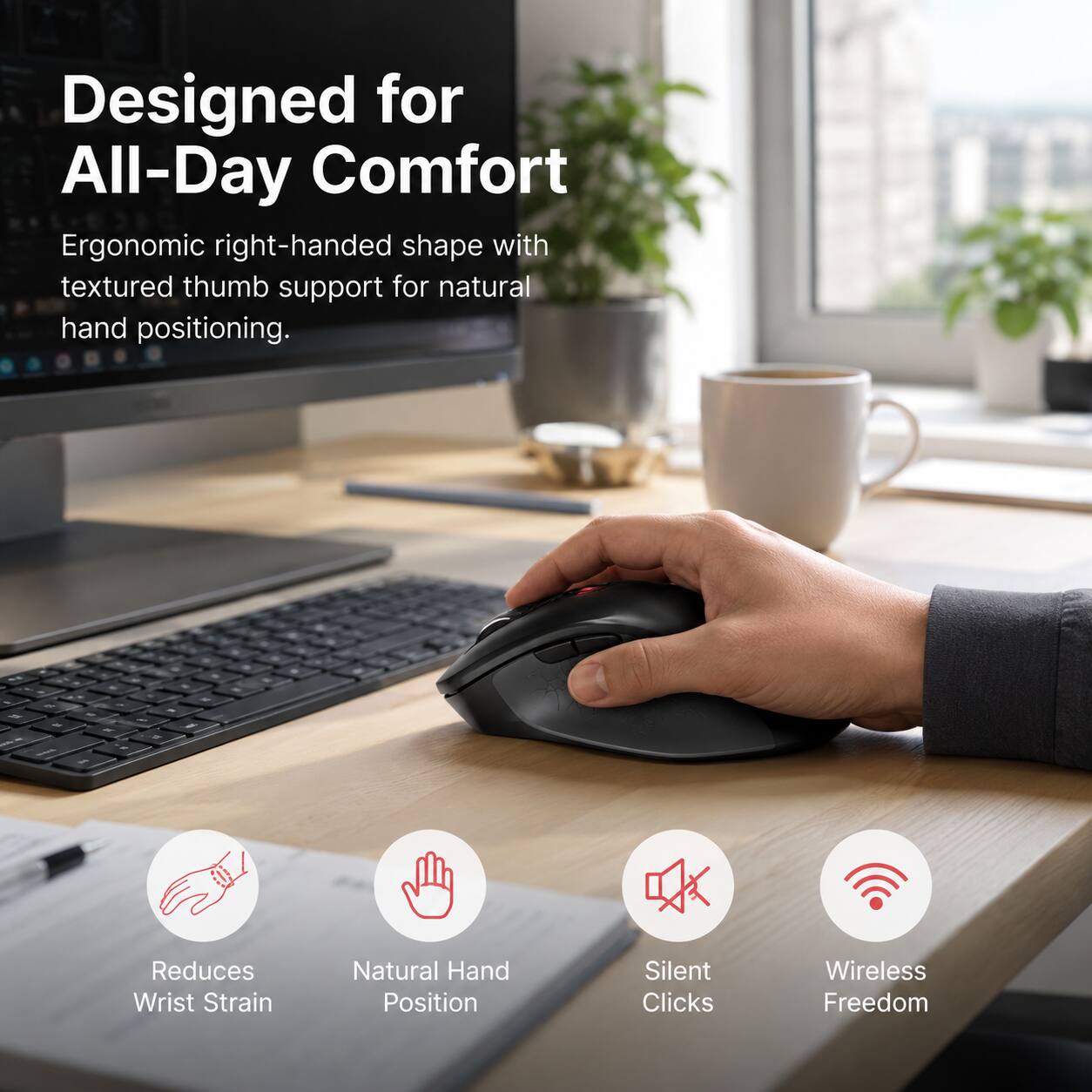 Designed for All-Day Comfort

Ergonomic right-handed shape with textured thumb support for natural hand positioning.

- Reduces Wrist Strain
- Natural Hand Position
- Silent Clicks
- Wireless Freedom