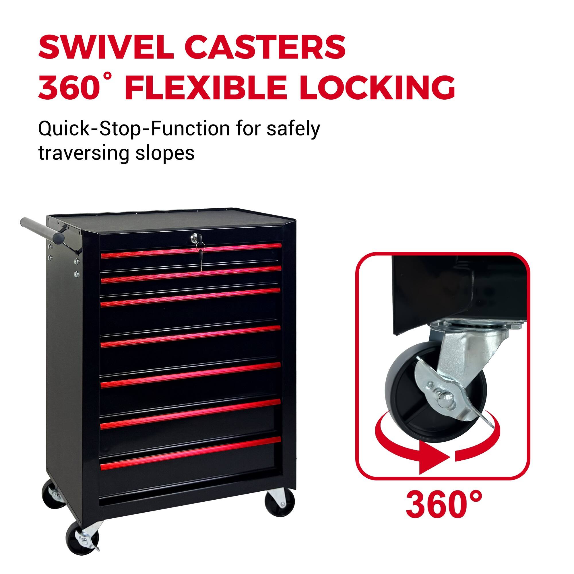 SWIVEL CASTERS 360° FLEXIBLE LOCKING  
Quick-Stop-Function for safely traversing slopes
