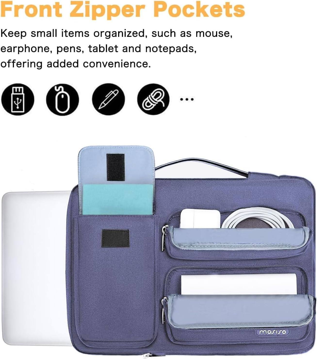 Front Zipper Pockets

Keep small items organized, such as mouse, earphone, pens, tablet and notepads, offering added convenience.