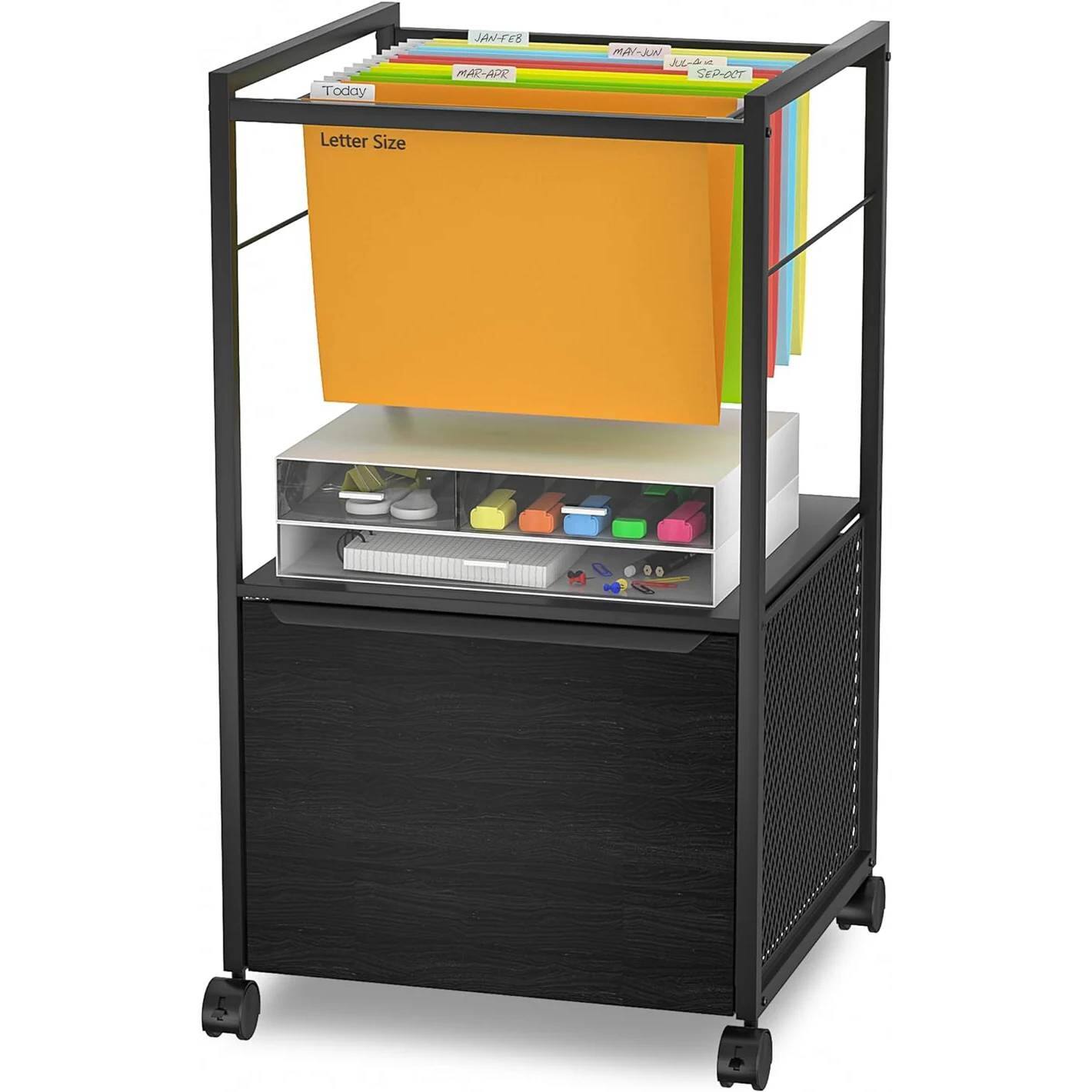 SlickBlue - Rolling File Cabinet with Metal Frame, Wood Panels, and Open File Bar - Black