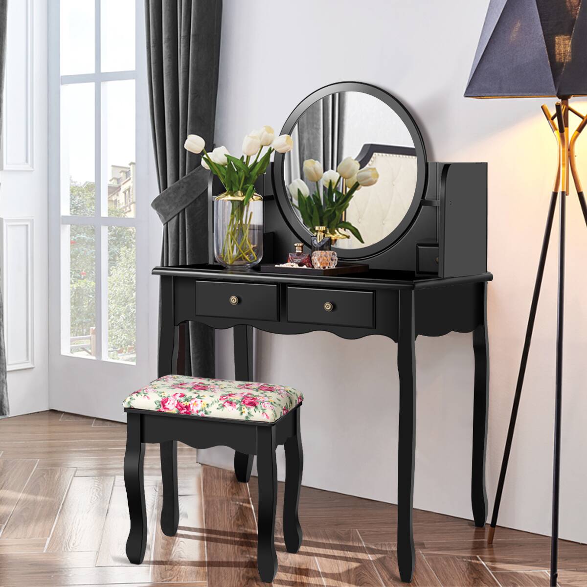 Alt View 2. Costway - Costway Makeup Vanity Table Set Drawers Oval Dressing Table - Black.
