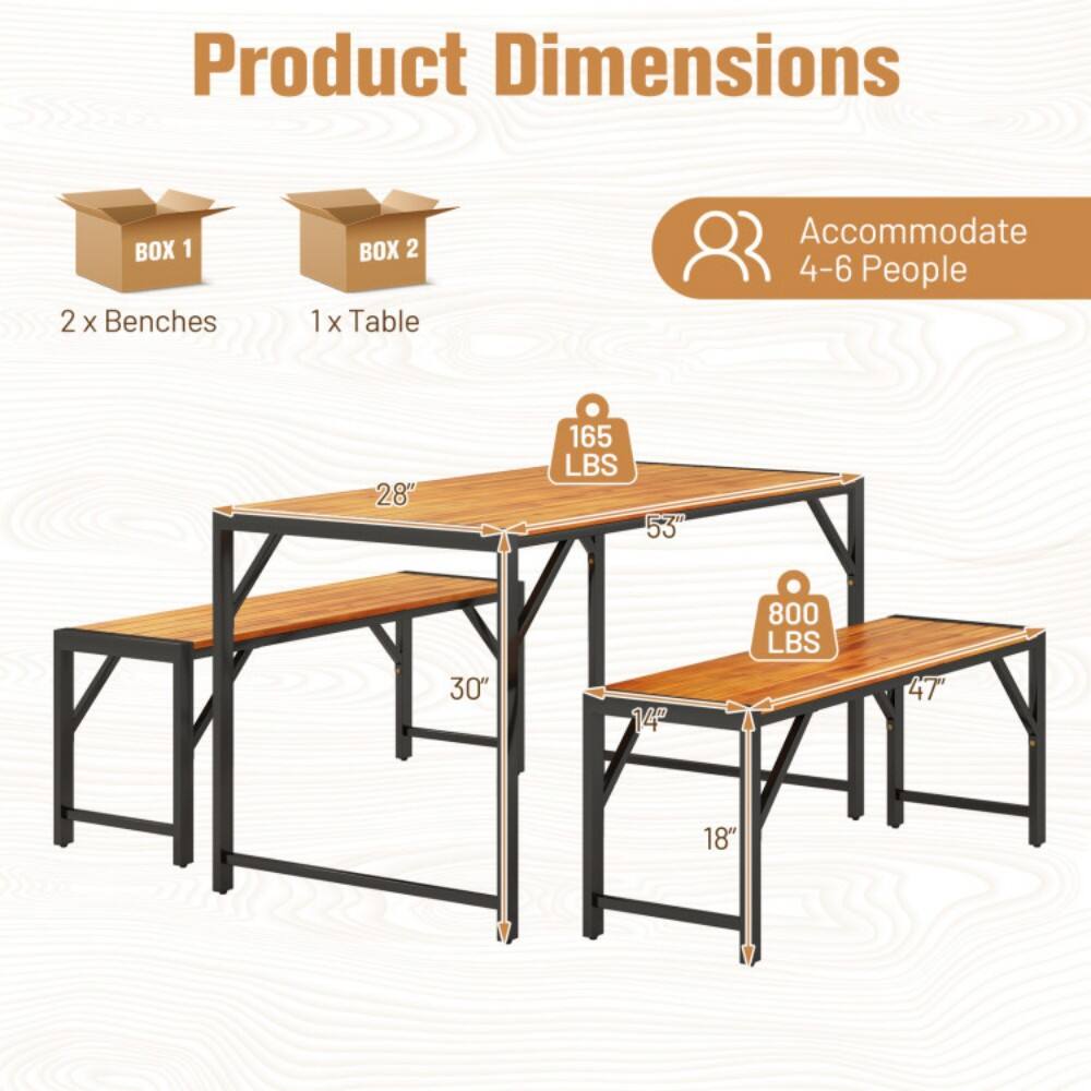 Product Dimensions  
BOX 1: 2 x Benches  
BOX 2: 1 x Table  
Accommodate 4-6 People  

Table:  
- Length: 53"  
- Width: 28"  
- Height: 30"  
- Weight Capacity: 800 LBS  

Benches:  
- Length: 47"  
- Width: 14"  
- Height: 18"  
- Weight Capacity: 165 LBS