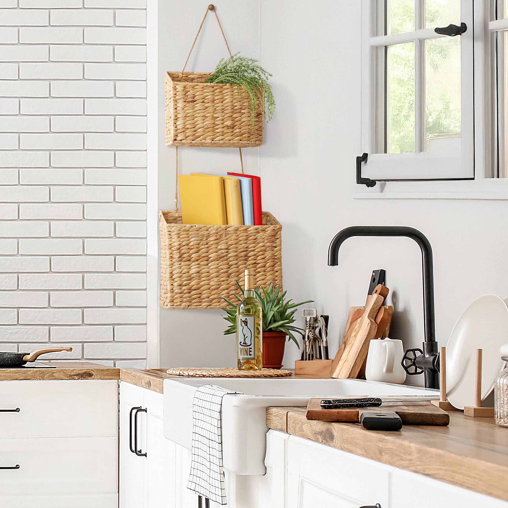 Alt View 1. Casafield - 2-Tier Hanging Baskets Vertical Woven Kitchen Wall Storage Organizer - Natural - Hyacinth.