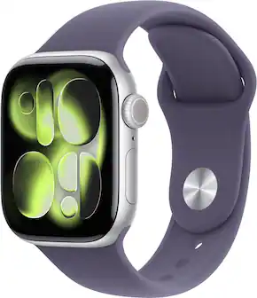 Front. Apple - Apple Watch Series 11 (GPS) 42mm Silver Aluminum Case with Purple Fog Sport Band - S/M - Silver.