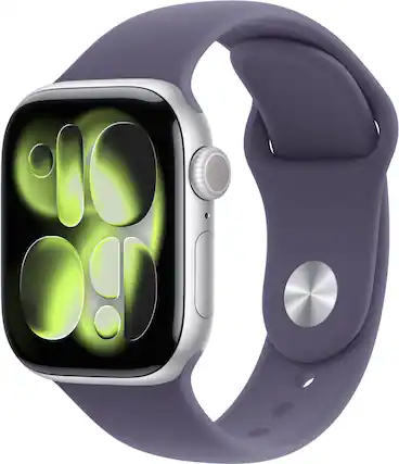 Front. Apple - Apple Watch Series 11 (GPS) 42mm Silver Aluminum Case with Purple Fog Sport Band - S/M - Silver.