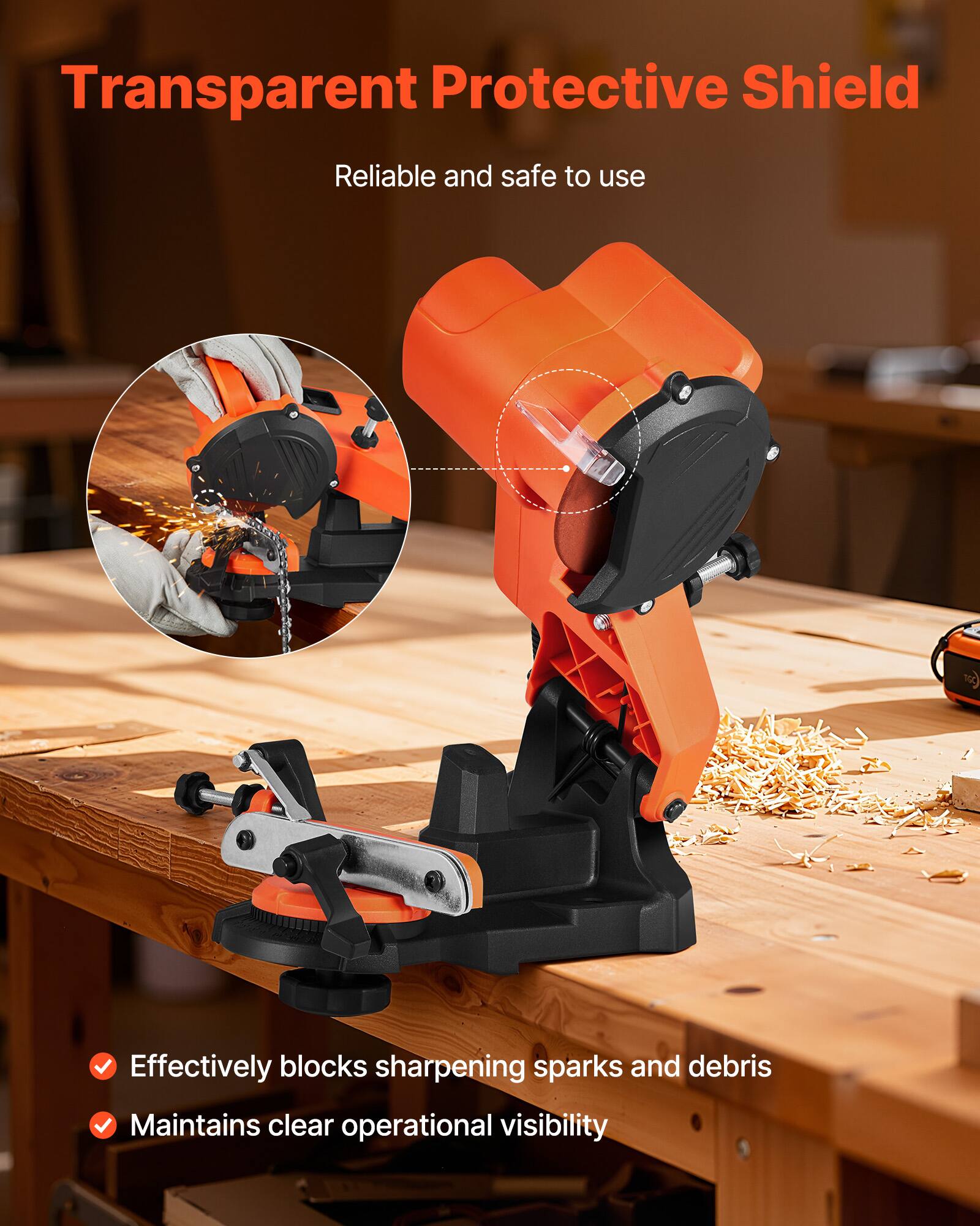Transparent Protective Shield  
Reliable and safe to use  

- Effectively blocks sharpening sparks and debris  
- Maintains clear operational visibility