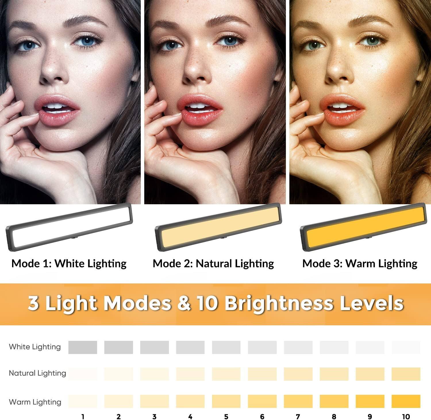 Mode 1: White Lighting  
Mode 2: Natural Lighting  
Mode 3: Warm Lighting  

3 Light Modes & 10 Brightness Levels  

White Lighting  
Natural Lighting  
Warm Lighting  

1 2 3 4 5 6 7 8 9 10