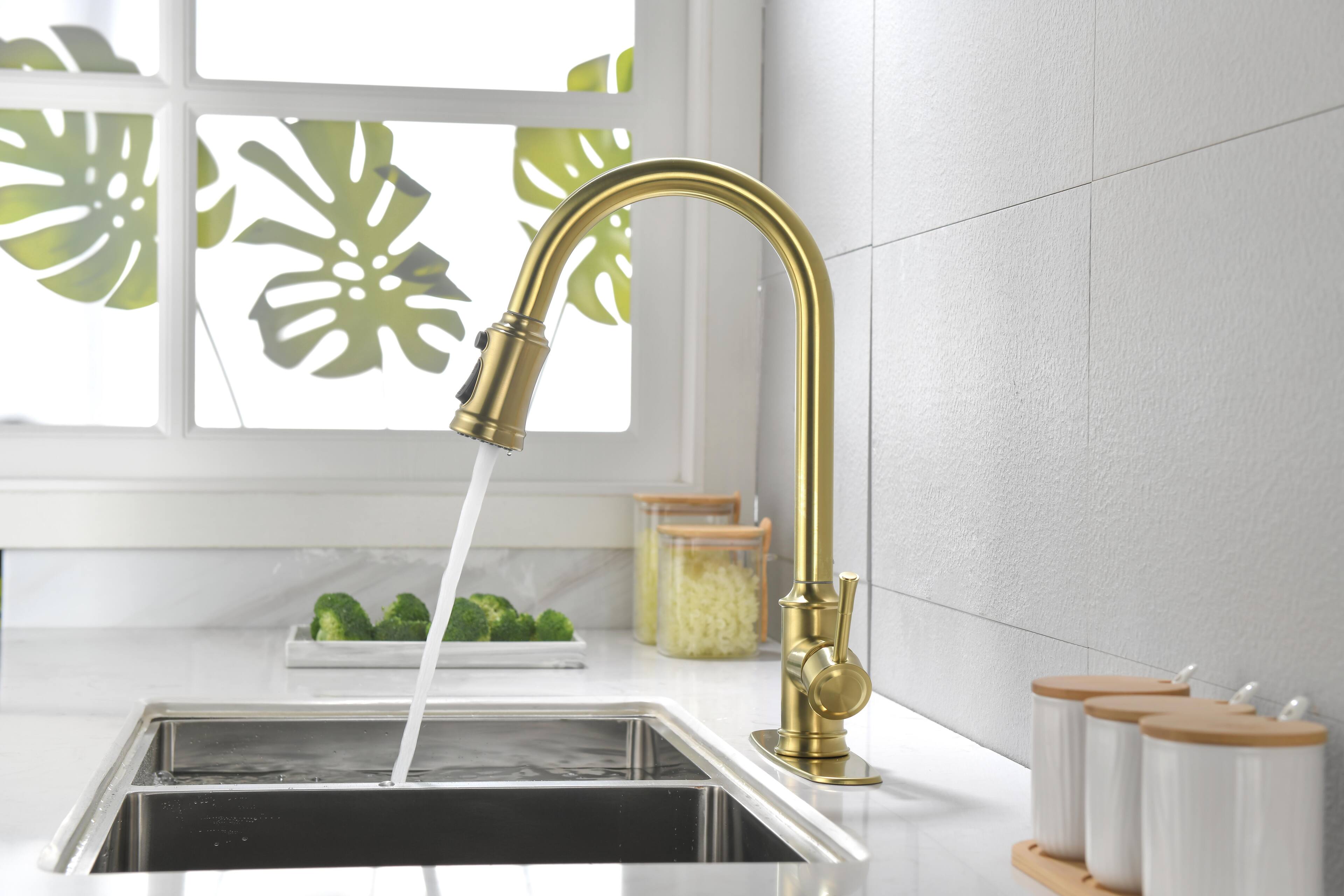 Back. Siljoy - Single Handle High Arc Pull Out Kitchen Faucet,Single Level Stainless Steel Kitchen Sink Faucets with Pull Down Sprayer - Brushed Gold.