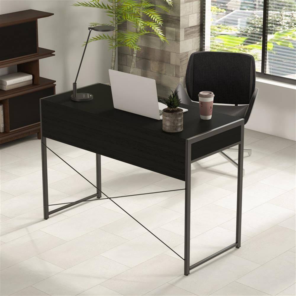 Alt View 6. Pefilos - 2-Drawer Home Office Desk with Steel Frame, Small Home Computer Desk Study Writing Table, Black - Black.