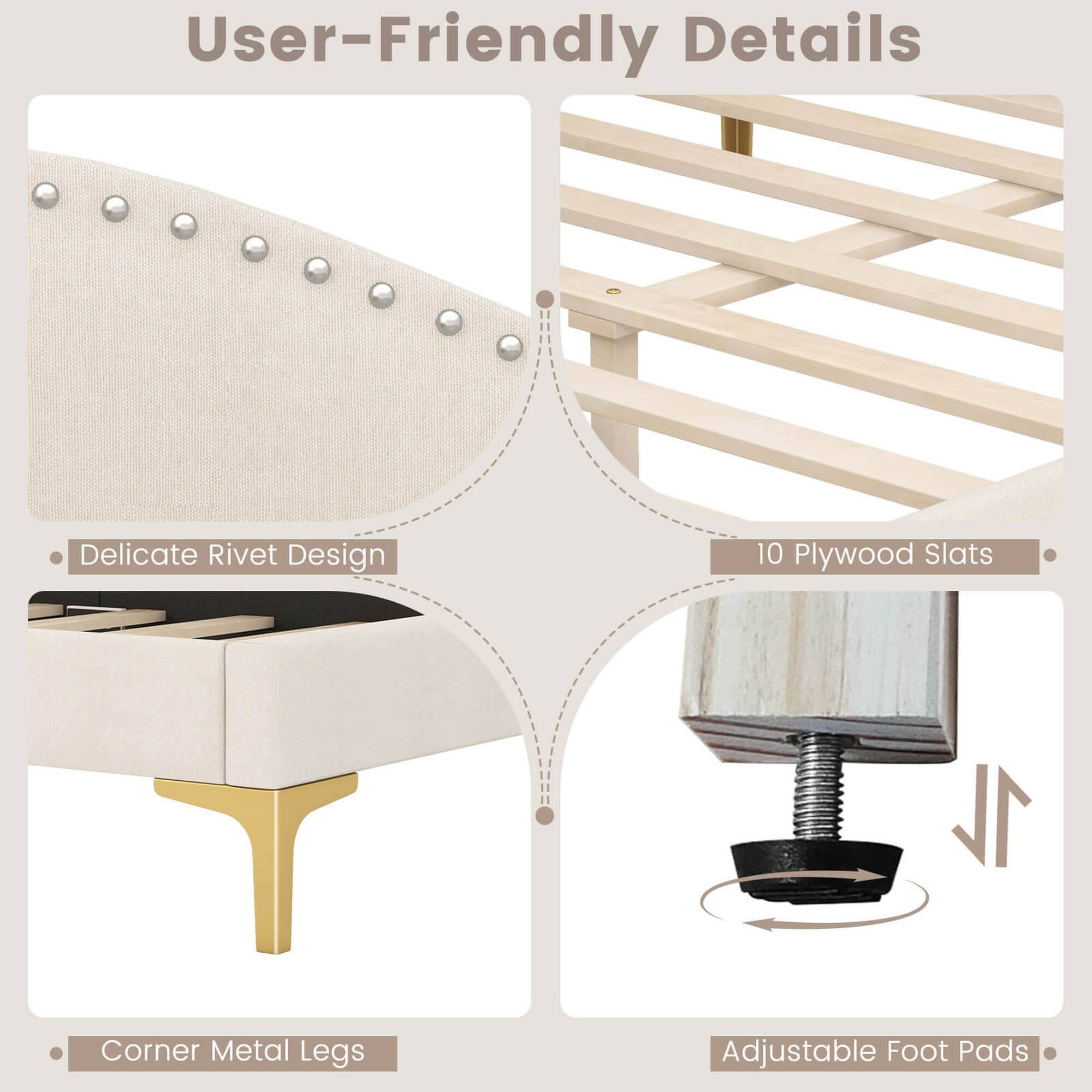 User-Friendly Details: Delicate Rivet Design, 10 Plywood Slats, 1 Corner Metal Legs, Adjustable Foot Pads.