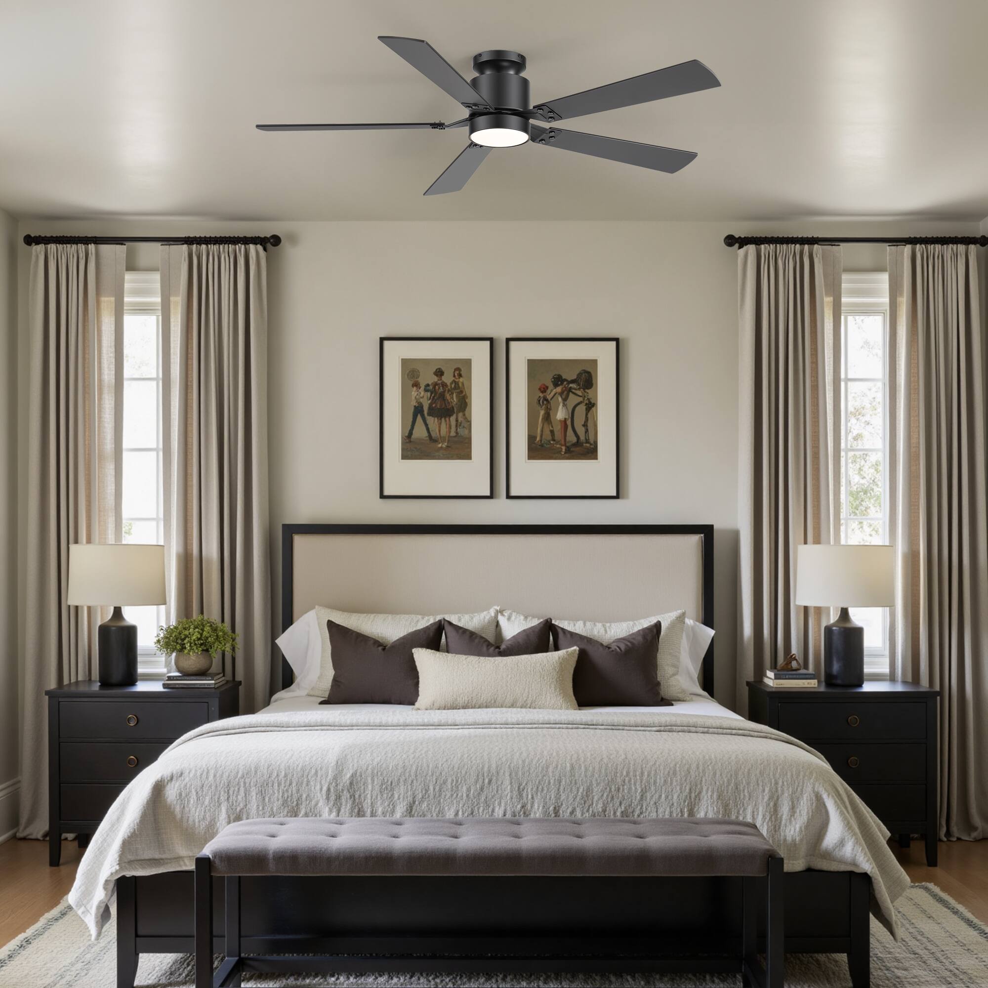 Back. Breezary - 52-Inch RGB Ceiling Fan with LED Light, Flush Mount, DC Motor, Dimmable, Remote & App Control - Black and Walnut.