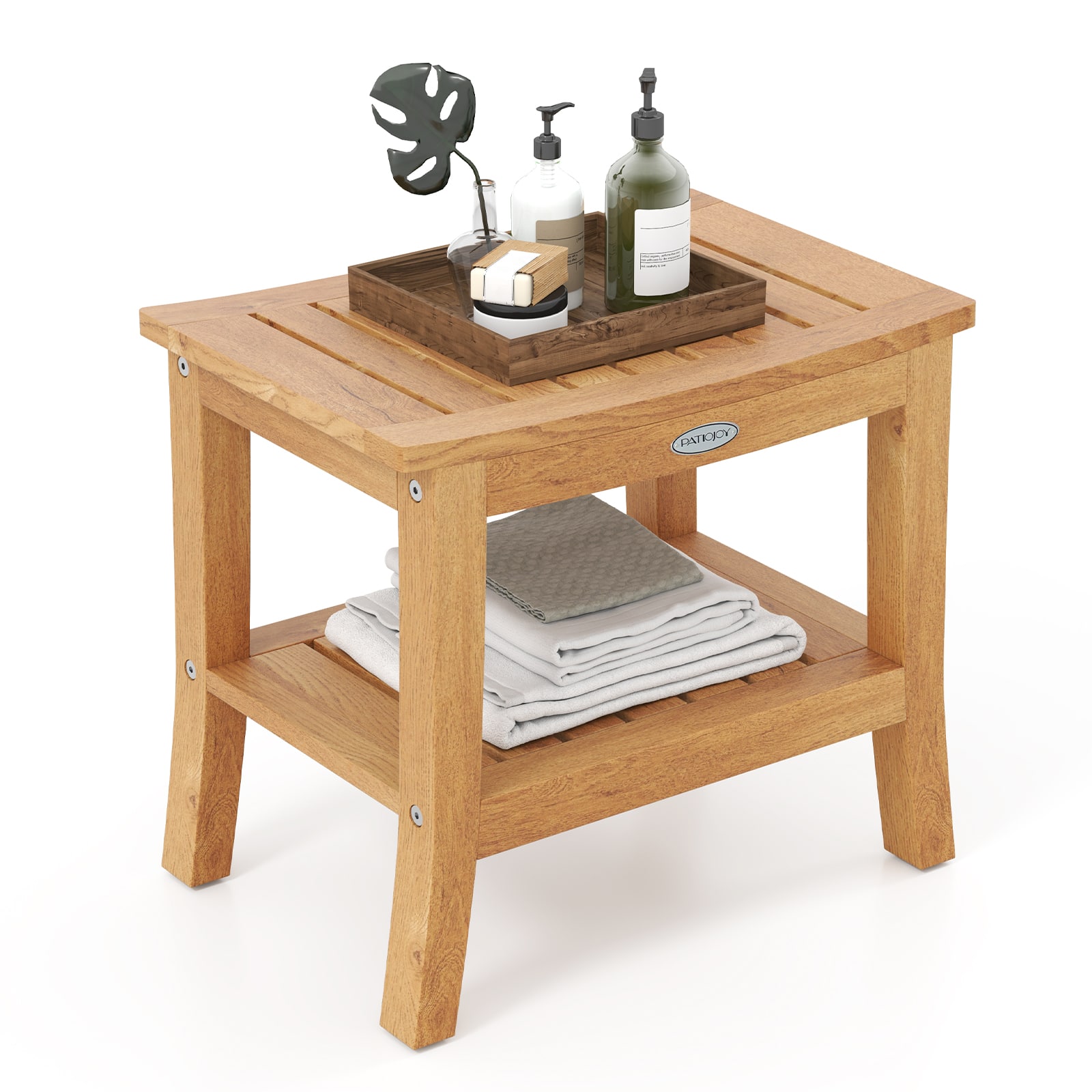 Gymax - 20'' Non-slip Shower Bench w/ Storage Shelf Curved Top & Adjustable Foot Pads - Natural