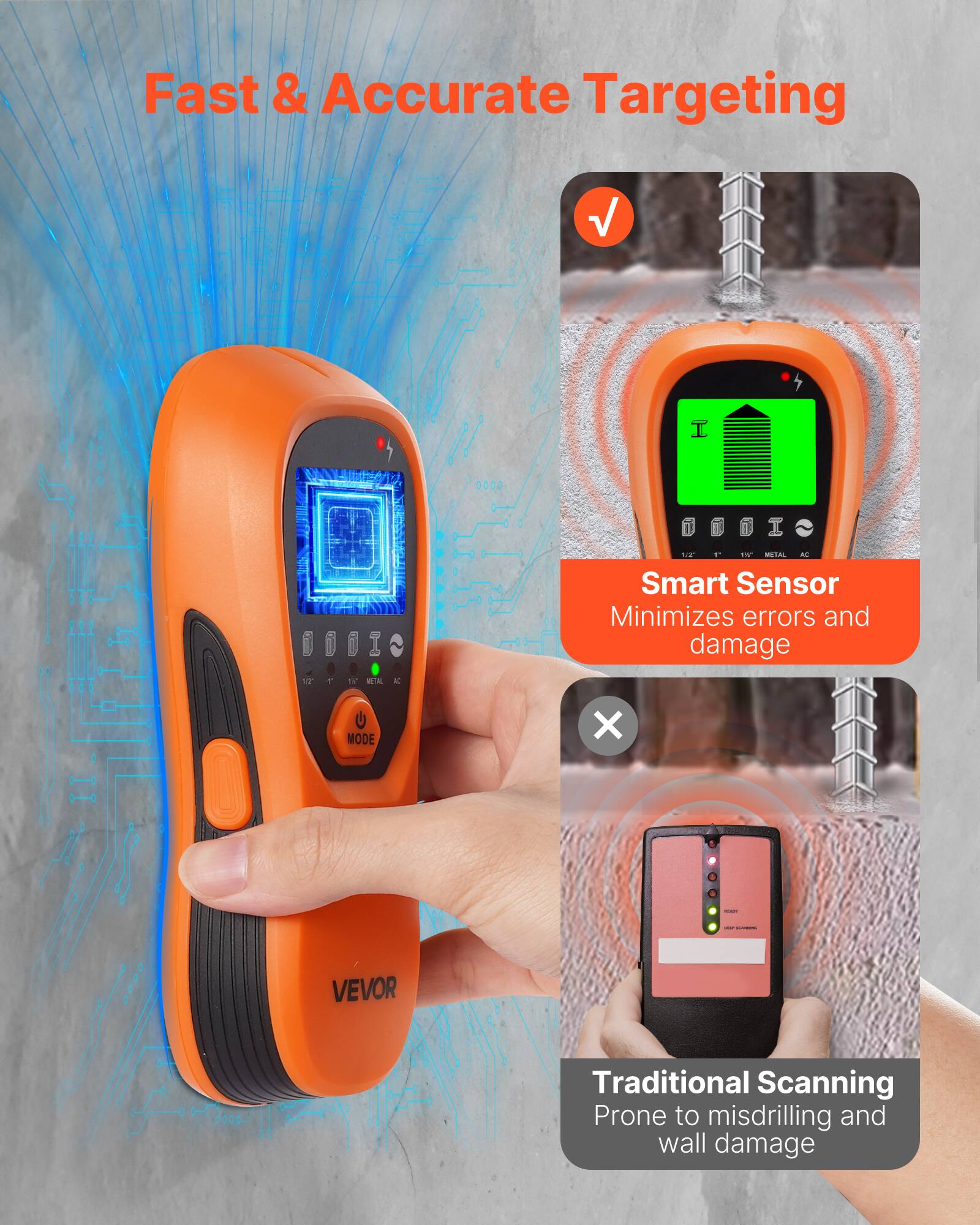 Fast & Accurate Targeting

Smart Sensor Minimizes errors and damage

Traditional Scanning Prone to misdrilling and wall damage
