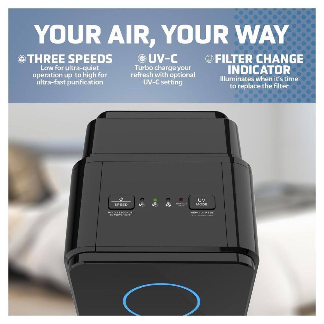 YOUR AIR, YOUR WAY

THREE SPEEDS
Low for ultra-quiet operation up to high for ultra-fast purification

UV-C
Turbo charge your air with optional UV-C setting

FILTER CHANGE INDICATOR
Illuminates when it's time to replace the filter

SPEED
HOLD 3 SECONDS TO POWER OFF

UV MODE
HEPA/UV RESET
