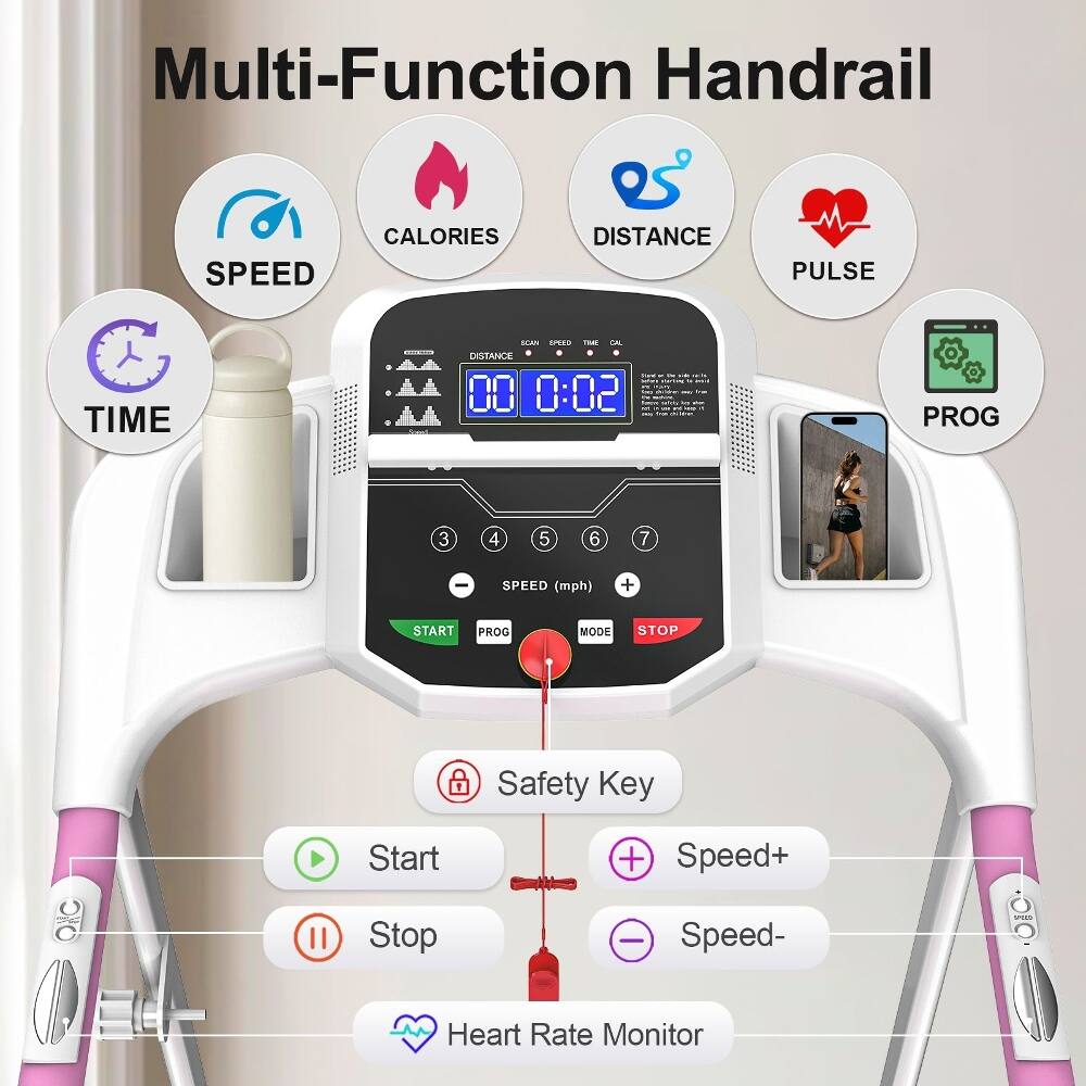Multi-Function Handrail

SPEED CALORIES DISTANCE PULSE TIME

00 00:02

PROG 3 4 5 6 7

SPEED (mph) + START PROG MODE STOP

Safety Key

Start

Stop

Speed+

Speed-

Heart Rate Monitor