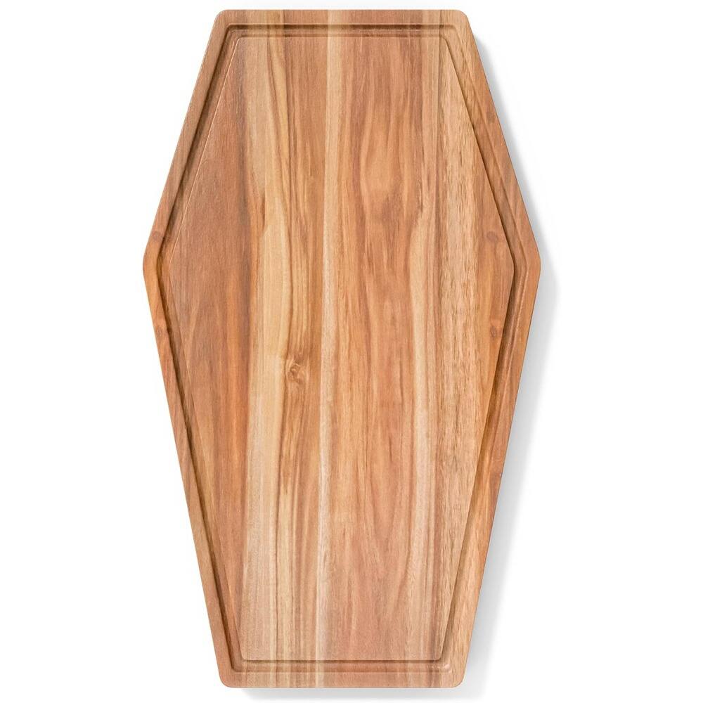 Angle. PARKER SLATER - Large Gothic Coffin-Shaped Acacia Wood Cutting Board, 17"x10.5", Halloween.