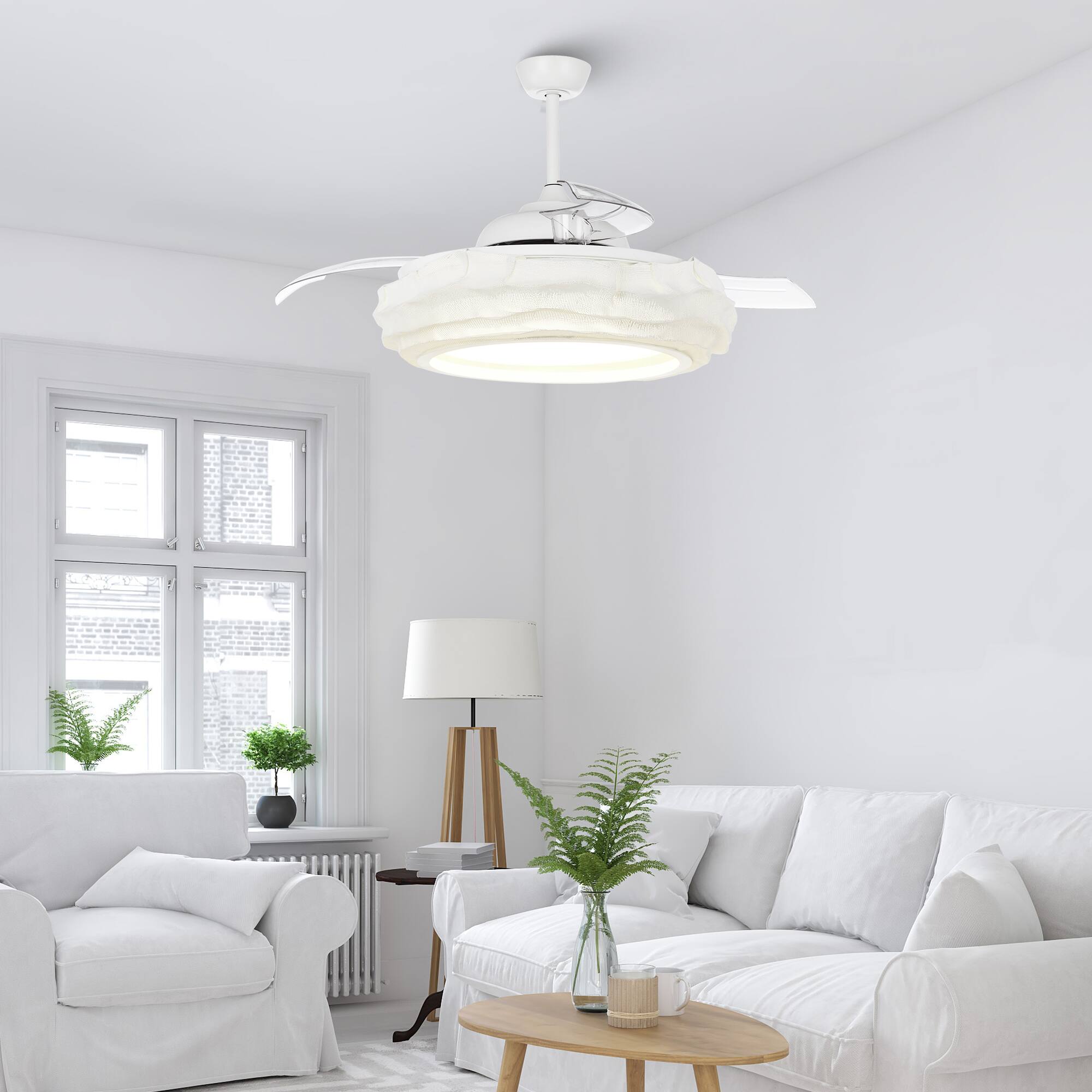 Angle. Parrot Uncle - 52" Coastal White Metal Fandelier Smart Ceiling Fans with Lights and Remote, App Control, Voice Control - White.